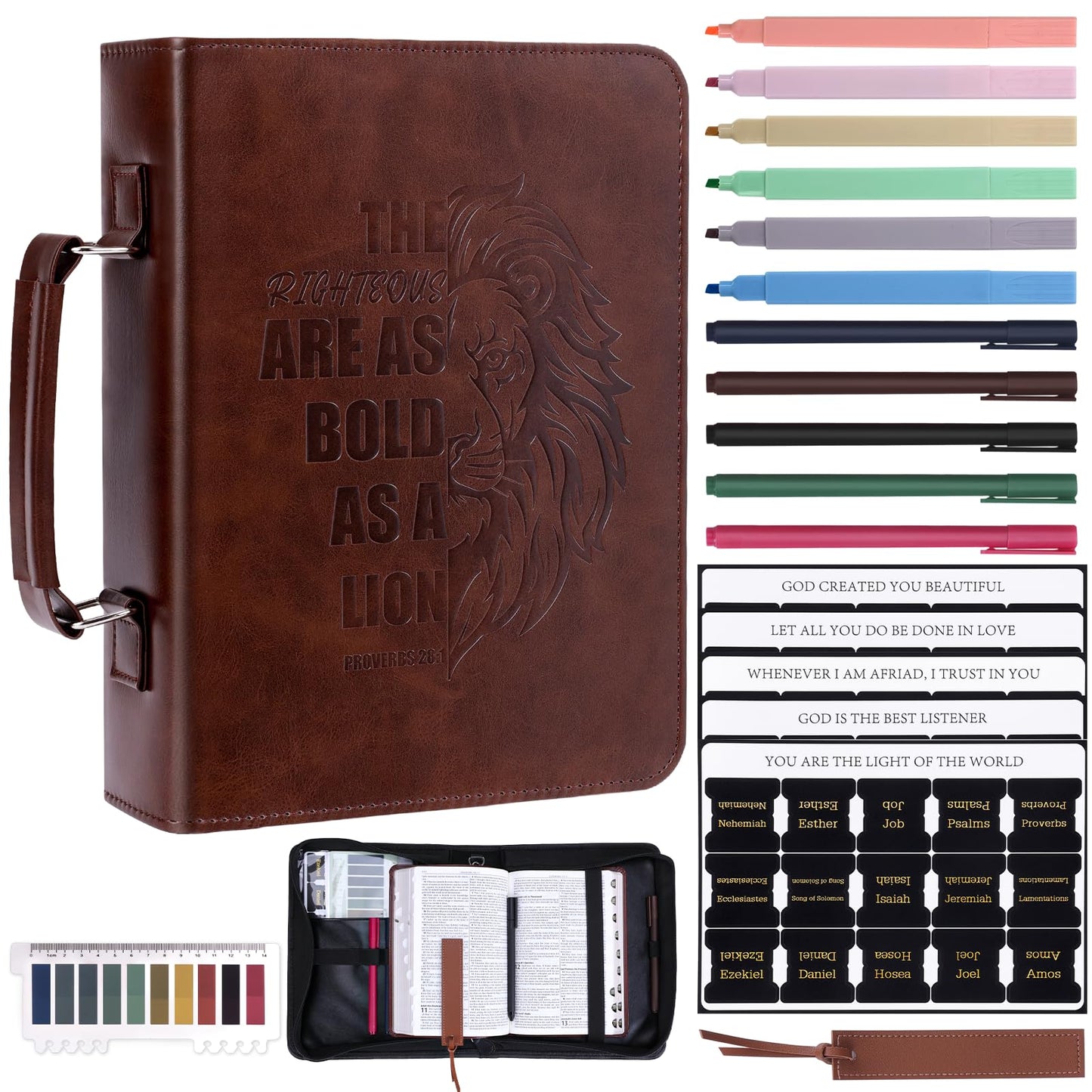 XKDOUS 20 Pcs Bible Case Set with Tabs, Pens, Study Supplies Carrier Holder Portable Men's Bible Bag Church Book Leather Cover Father Day Christian Gift for Dad, Mom, Men, Women
