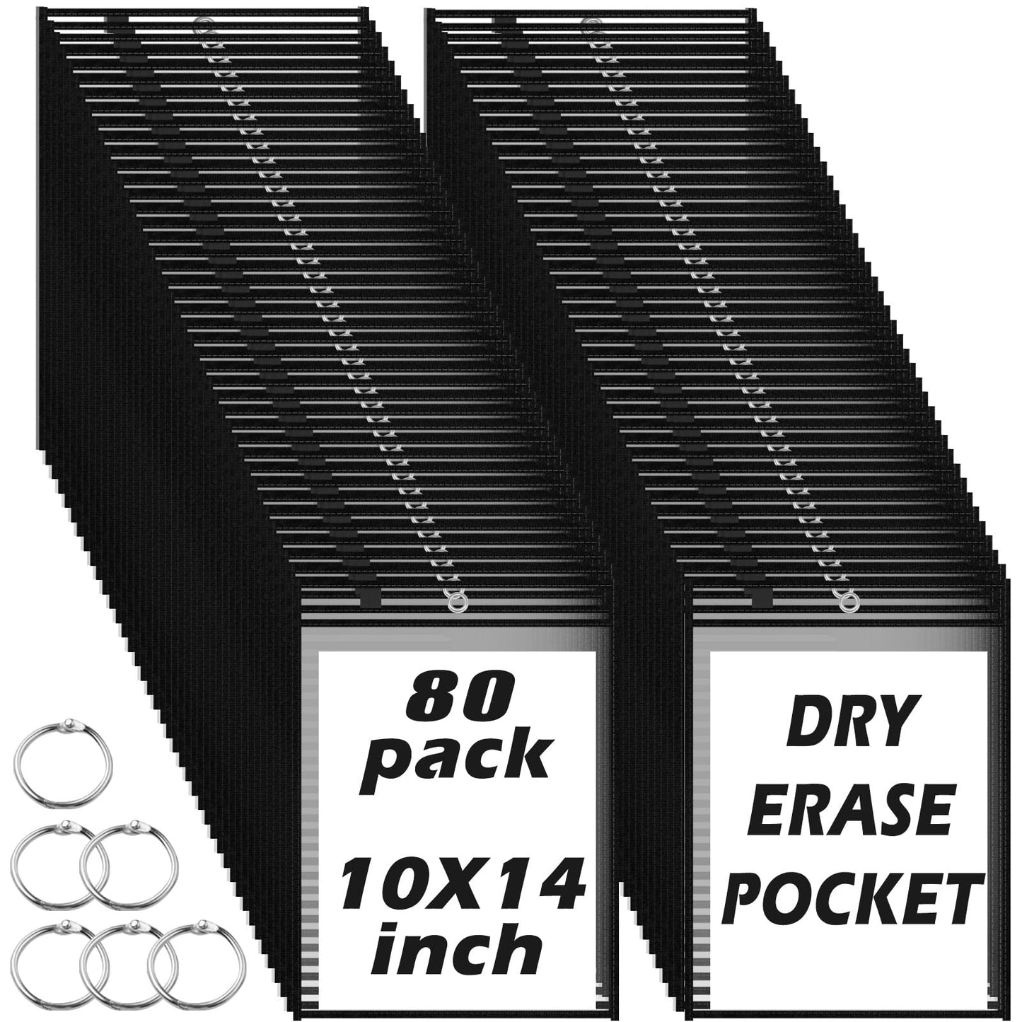 80 Packs Dry-Erase Pockets Bulk Oversized Reusable Dry Erase Pocket Sleeves with 5 Rings, 10x14 Black Ticket Holders, Clear Plastic Sheet Protectors, Teacher School Classroom Supplies