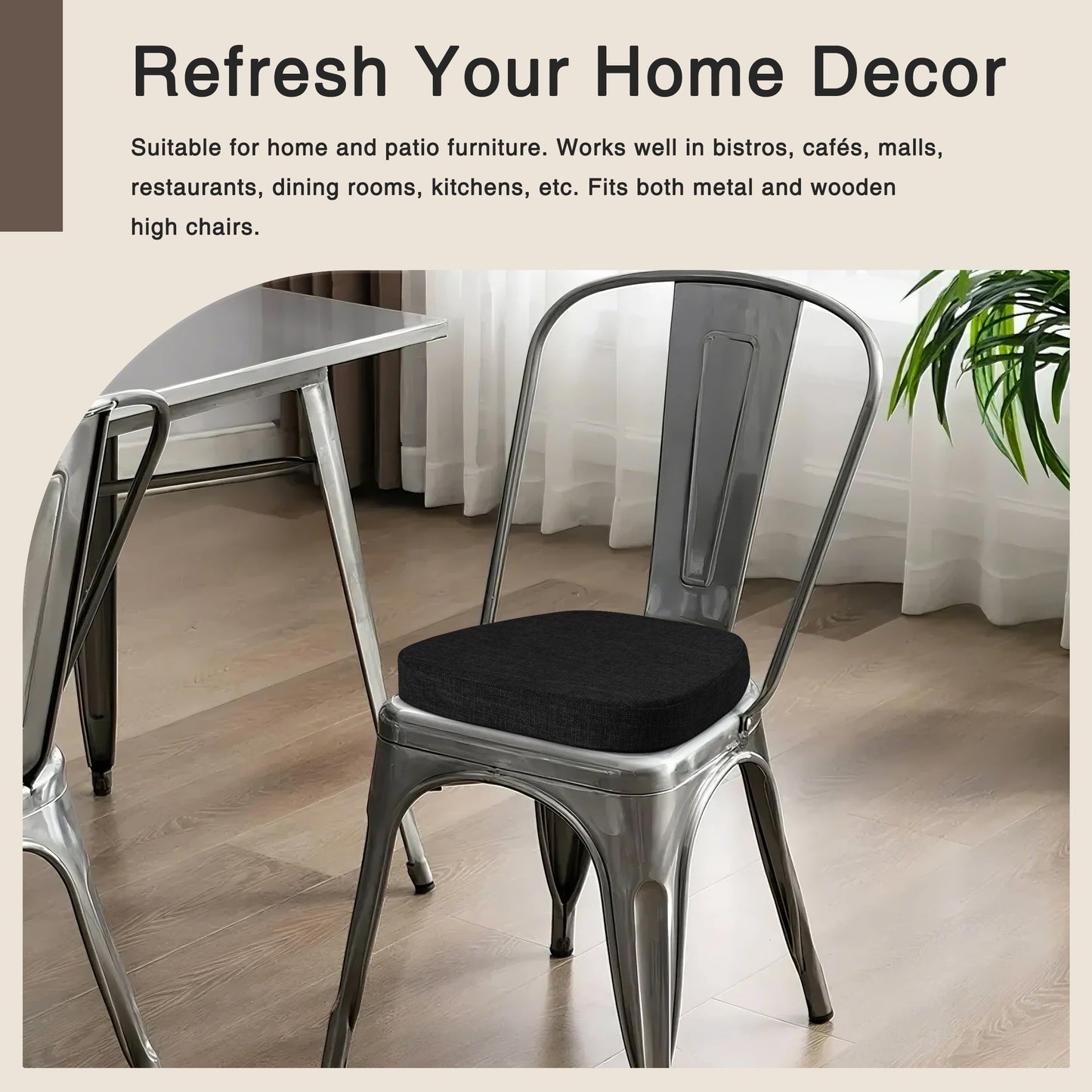 OVOV 14x14 Chair Cushions for Metal Dining Chairs Set of 4 Non Slip Thick Textured Chair Pads for Dining Chairs with Ties and Removable Cover (4, Black)