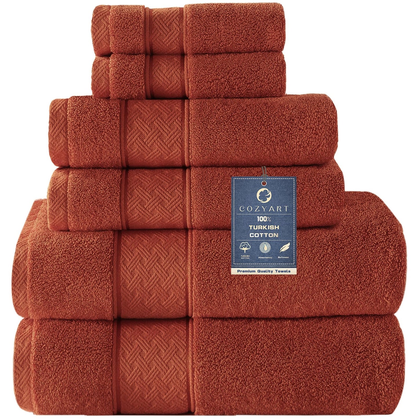 COZYART Burnt Orange Bath Towel Set 6 Piece, Luxury 100% Turkish Cotton 650GSM Hotel Quality, Soft, Absorbent, Towel Sets for Bathroom with 2 Bath Towels 2 Hand Towels 2 Washcloths