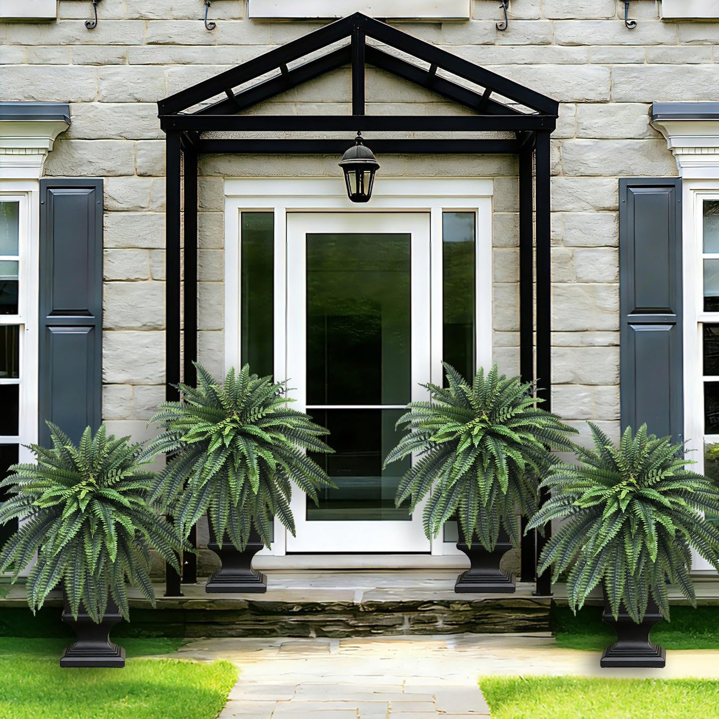 Senjie Artificial Boston Fern 2 Set 48Inch Large Fake Ferns for Outdoors Faux Plant with 55 Fronds for Home Living Room Office Decor
