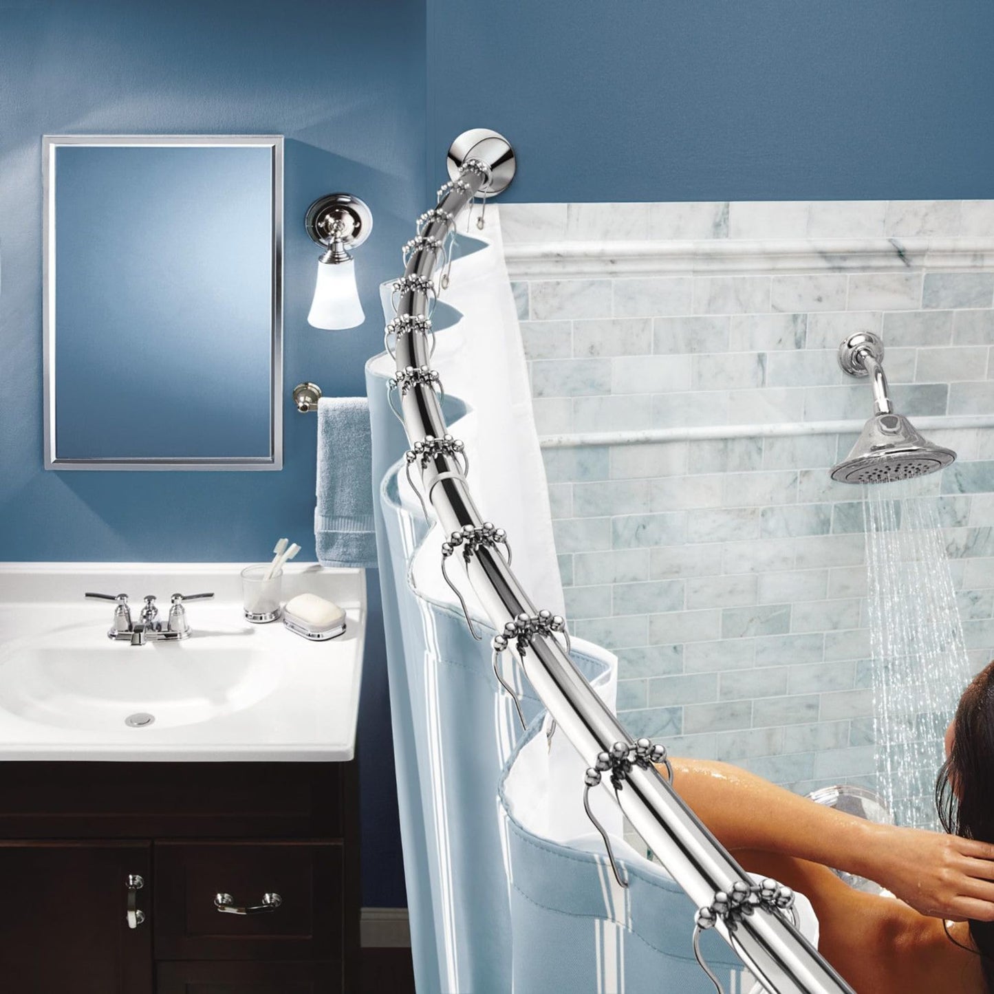Moen Curved Adjustable Spring Tension No Drill Shower Curtain Rod for Bathroom, Chrome Finish, CSR2172CH