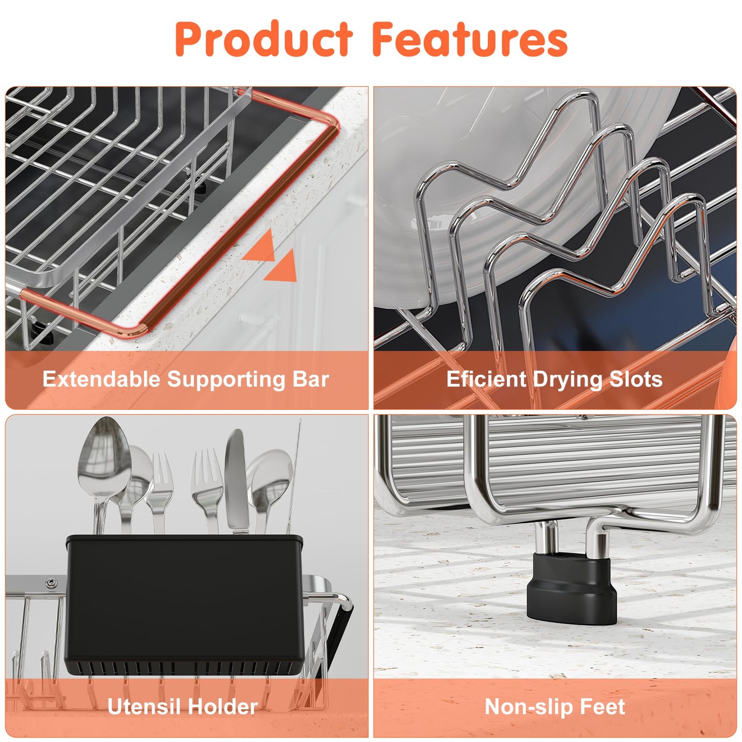 Expandable Over The Sink Dish Drainer Drying Rack In Stainless Steel Metal For Small Kitchen, Counter Space Saving Compact Above Plate Dryer Strainer, Adjustable Hanging Inside Sink Wire Drain Holder