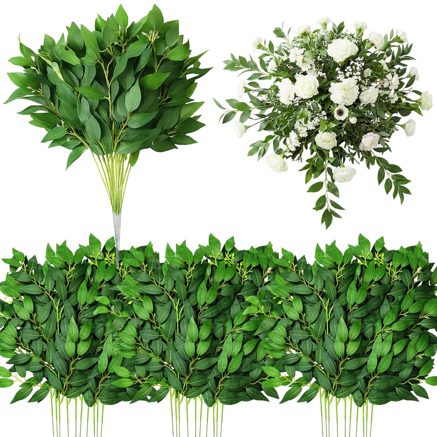 Suncalla 40 Pcs Italian Ruscus Greenery Stems Bulk 21.6'' Artificial Faux Silk Greenery Leaves Garland Branches for DIY Wedding Arch Bouquet Vase Filler Table Centerpieces Home Decor (Green)