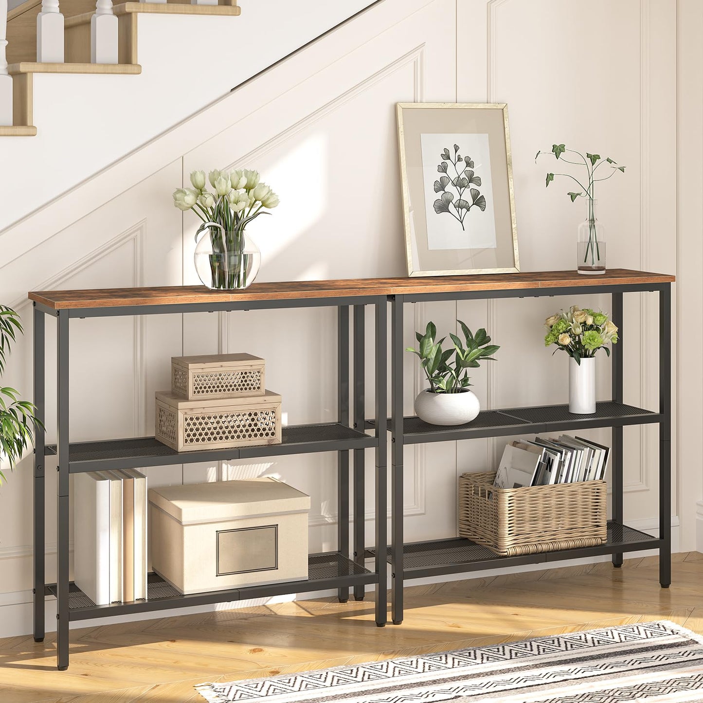 HOOBRO 29.5" Narrow Console Table, 3-Tier Entryway Table, Thin Sofa Table with Shelves, Side Table, Display Table, for Hallway, Entrance, Living Room, Bedroom, Rustic Brown and Black BF73XG01