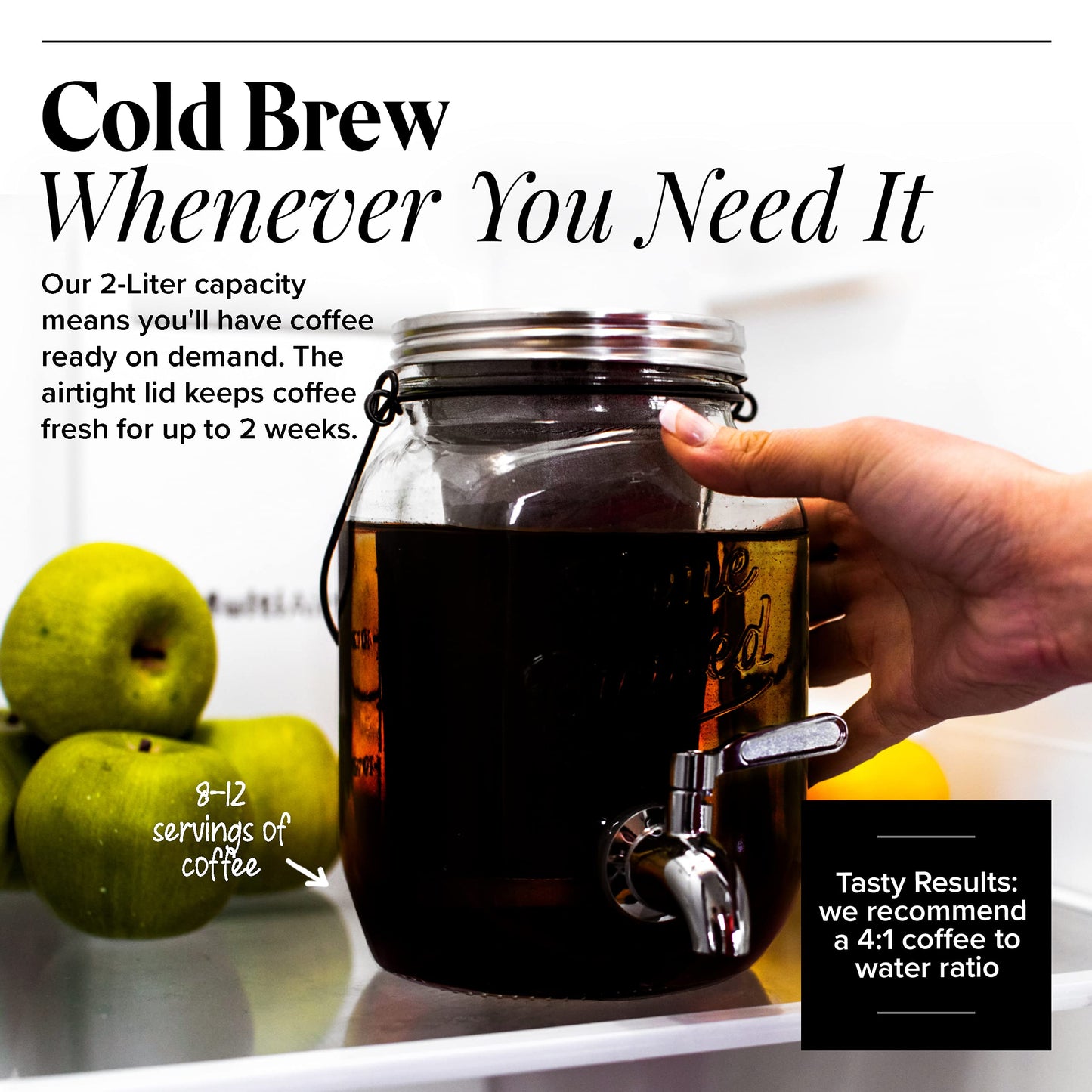Willow & Everett Cold Brew Coffee & Iced-Tea Maker Pitcher, 2 L Glass Dispenser w/Metal Spigot & Mesh Filter Iced Coffee & Sun Tea Brewing System