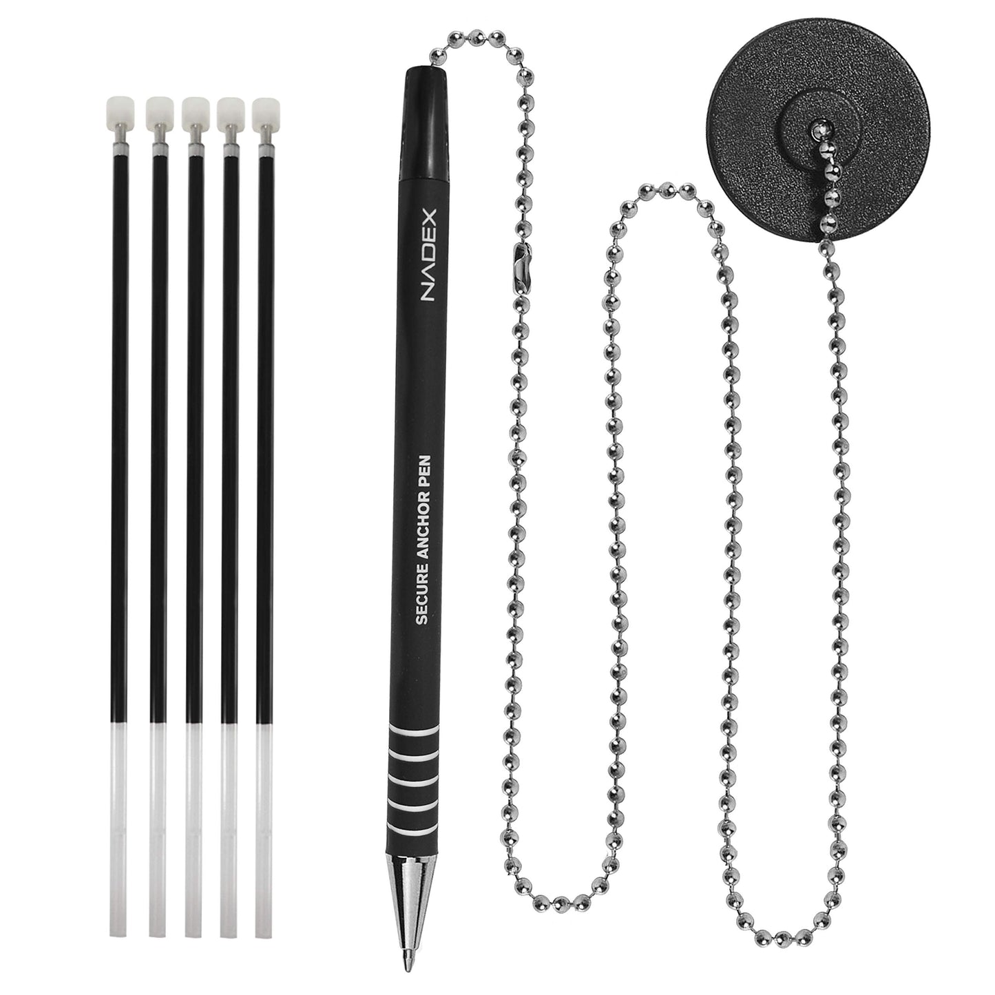 Nadex Ball and Chain Security Pen Set | 12 Pens, 12 Adhesive Mounts, and 12 Refills (Black)