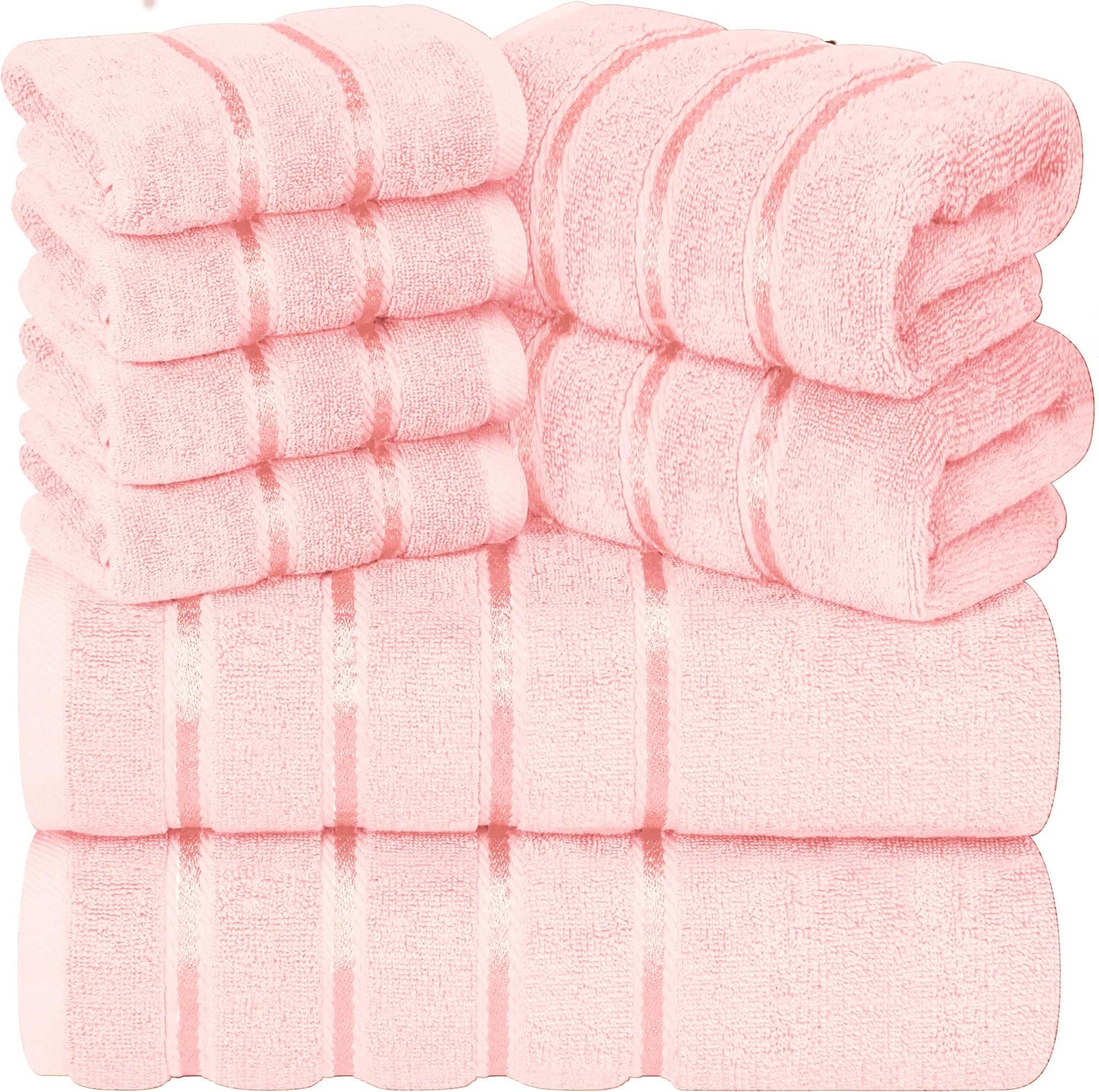 YRALY Luxury Pink Towel Set of 8-2 Bath Towels 2 Hand Towels 4 Washcloths - 600 GSM 100% Cotton Ring Spun Viscose Border Towels Set - Light Pink