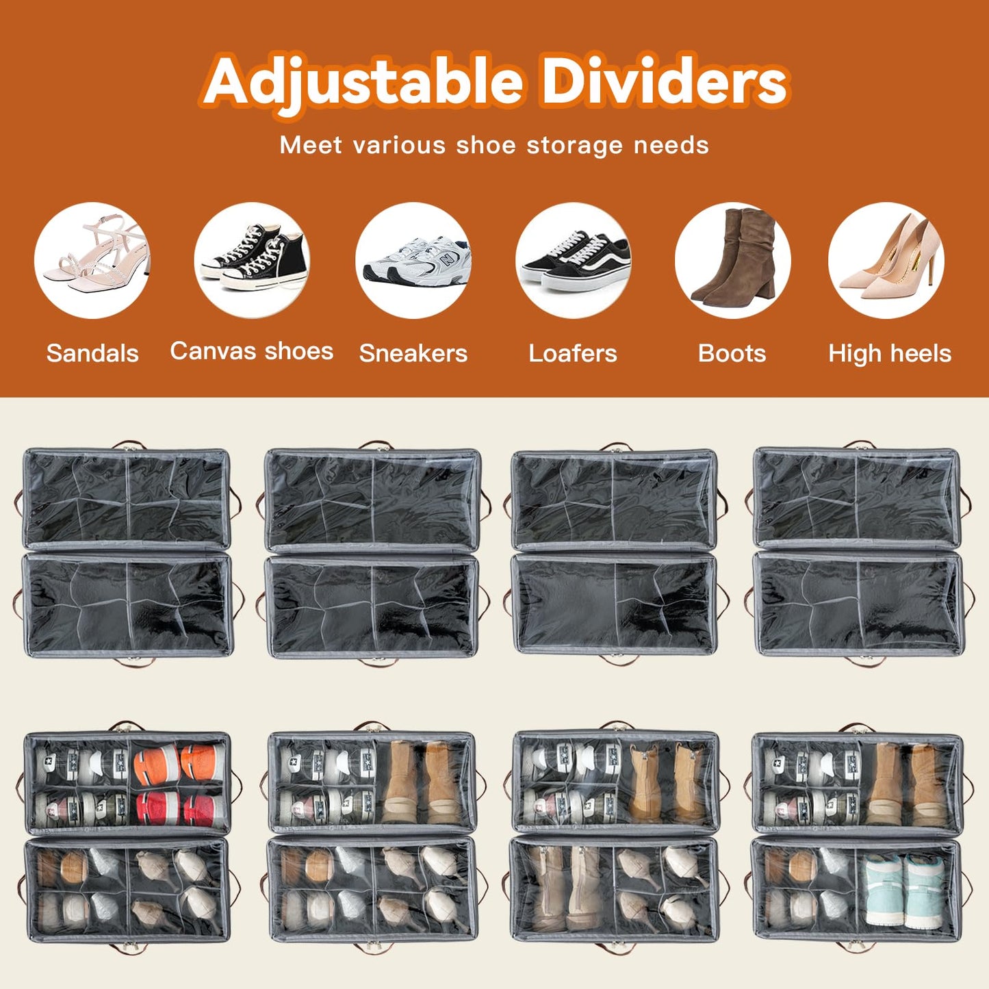 ISusaid 4 Pack Shoe Organizer for Closet, Foldable Shoe Storage Organizer with Adjustable Dividers and Clear Cover, Stackable Fabric Closet Shoe Organizer Storage Box Fits 32 Pairs, Gray