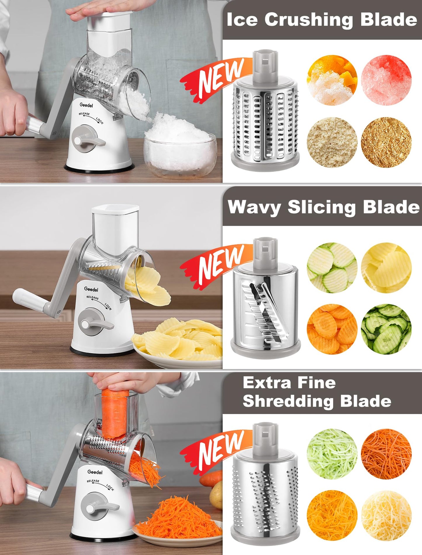 Geedel Rotary Cheese Grater Vegetable Shredder With 6 Interchangeable Blades No Slip Suction Base, Mandoline Slicer & Food Chopper for Cheese, Ice, Nuts, Vegetables, Veggie