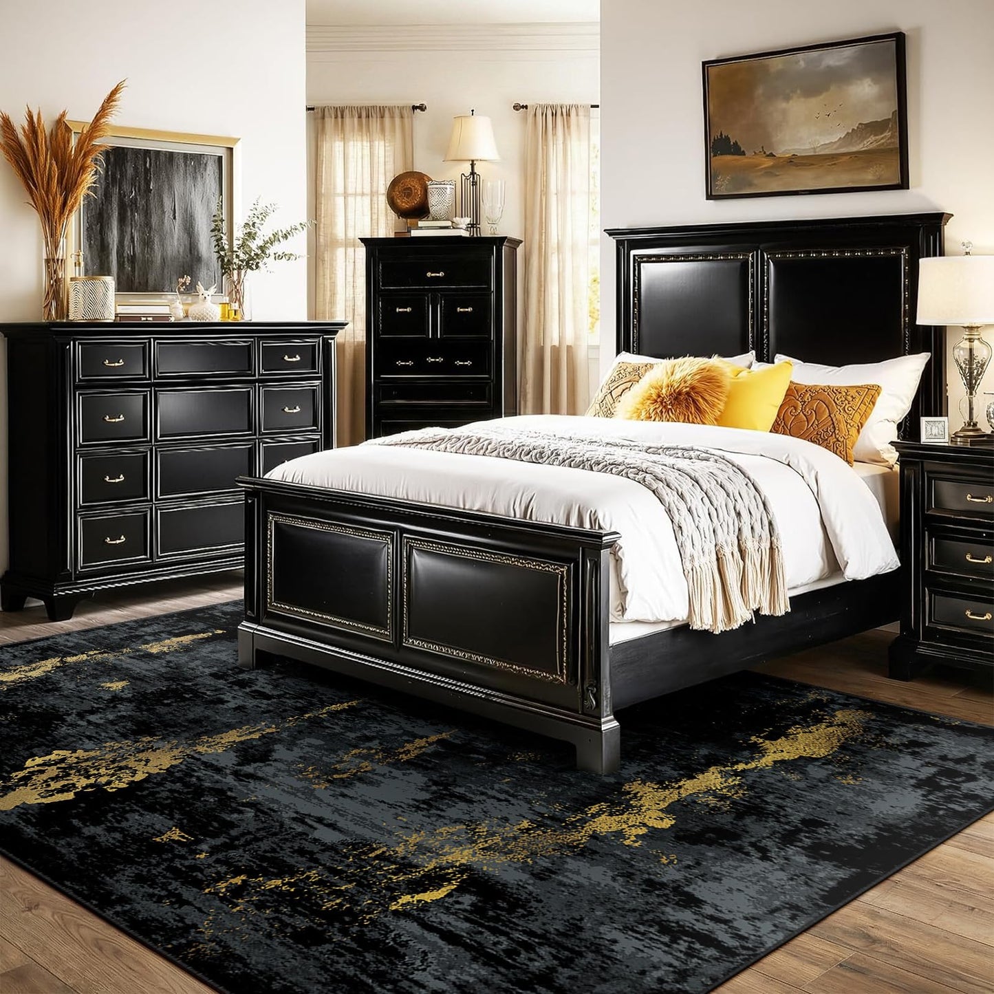 RELEANY Washable Area Rugs 5'x7' Non-Slip Modern Abstract Soft for Living Room Entryway Bedroom Nursery, Print Pattern, Dark Black Gold