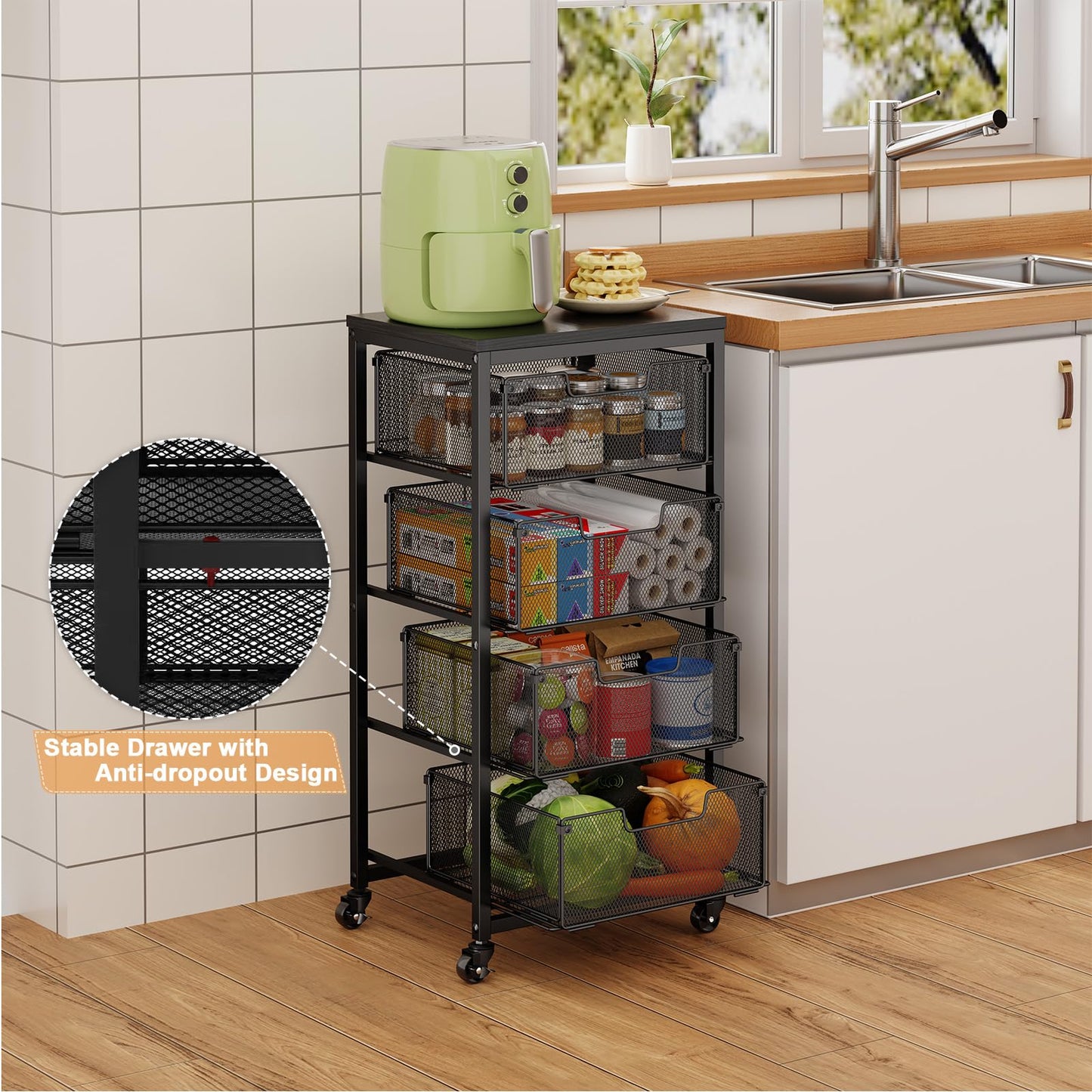 4-Tier Fruit Vegetable Storage Cart - Kitchen Organizer and Storage Cart with Wheels, Wooden Top Metal Wire Fruit Vegetable Rack Stand with Drawers to Storage Cans Snacks for Kitchen(Patent Pending)