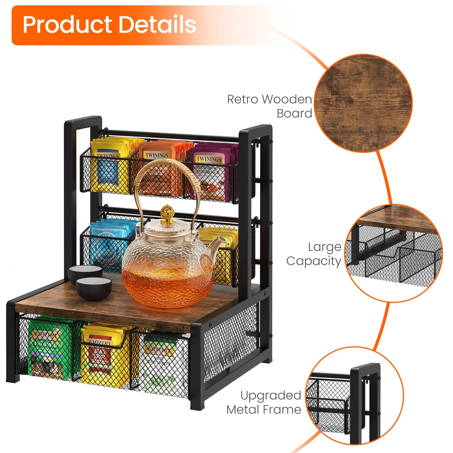 Homode Tea Bag Organizer, 3 Tier Tea Storage Container Box, Wood Tea Station Caddy, Teabag Holder Stand with Drawer Basket, Large Tea Chest Display Rack for Countertop Cabinet Office, Rustic Brown