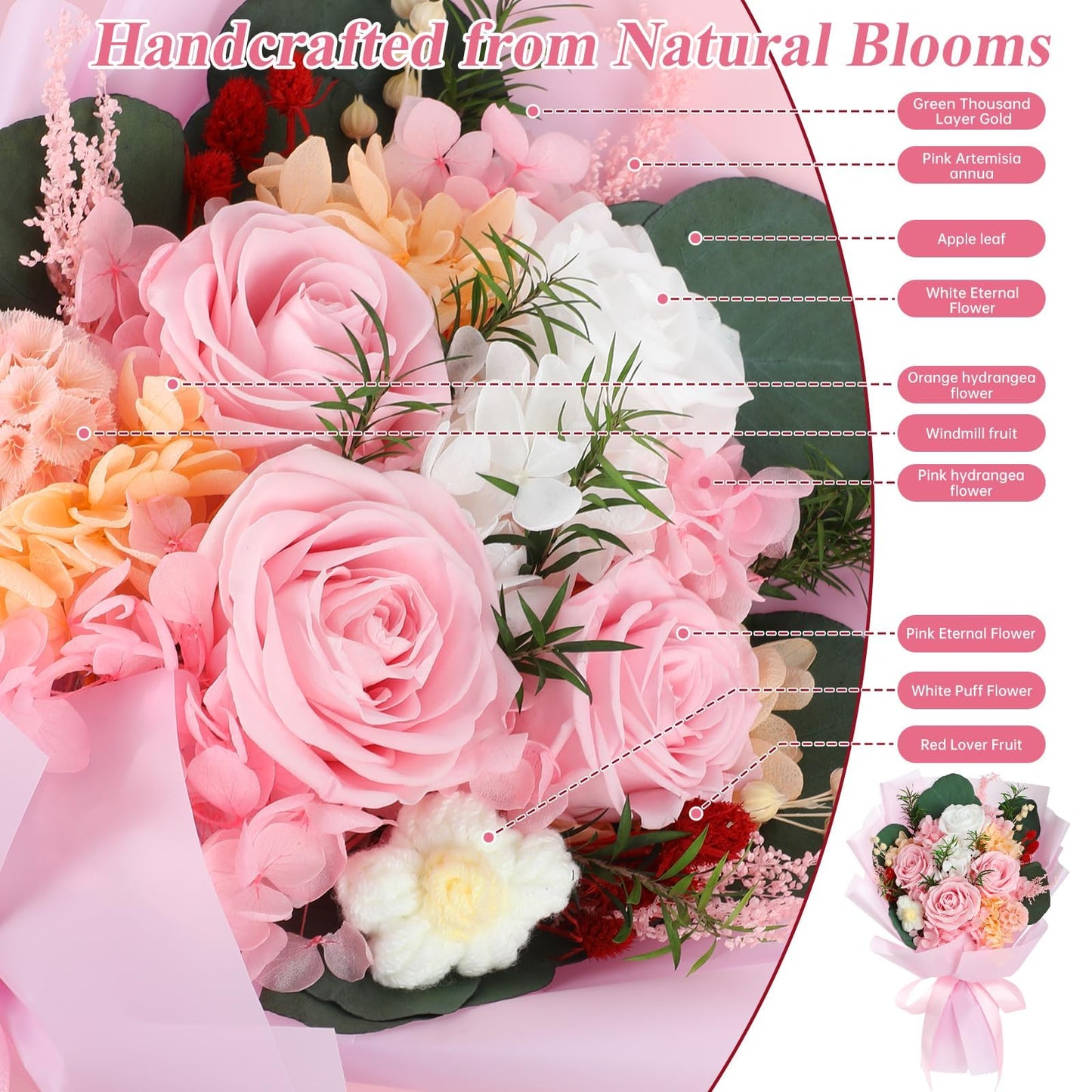 HOTKBO Flowers for Delivery, Preserved Flowers Bouquets – 4 Eternal Pink Preserved Roses that Last 2-3 Years, Graduation Gift, Forever Roses Bouquet for Birthday, Anniversary, Home Decor