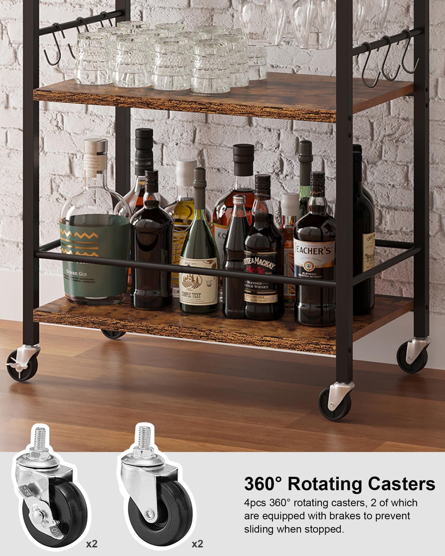 TUTOTAK Bar Cart, Home Bar Serving Cart with 3-Tier Shelf, Drink Cart with Wine Rack, Glass Holder, Rolling bar carts for the Home, Living Room, Brown BC01BB035