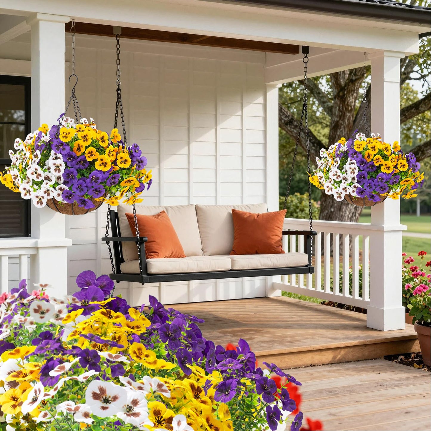 lovemoon 2 Sets Artificial Hanging Pansy Flowers with Baskets, 24 Pcs UV Resistant Faux Silk Pansy Outdoor Hanging Flower for Porch Patio Garden Home Spring Decor (2, White,Yellow,Purple)
