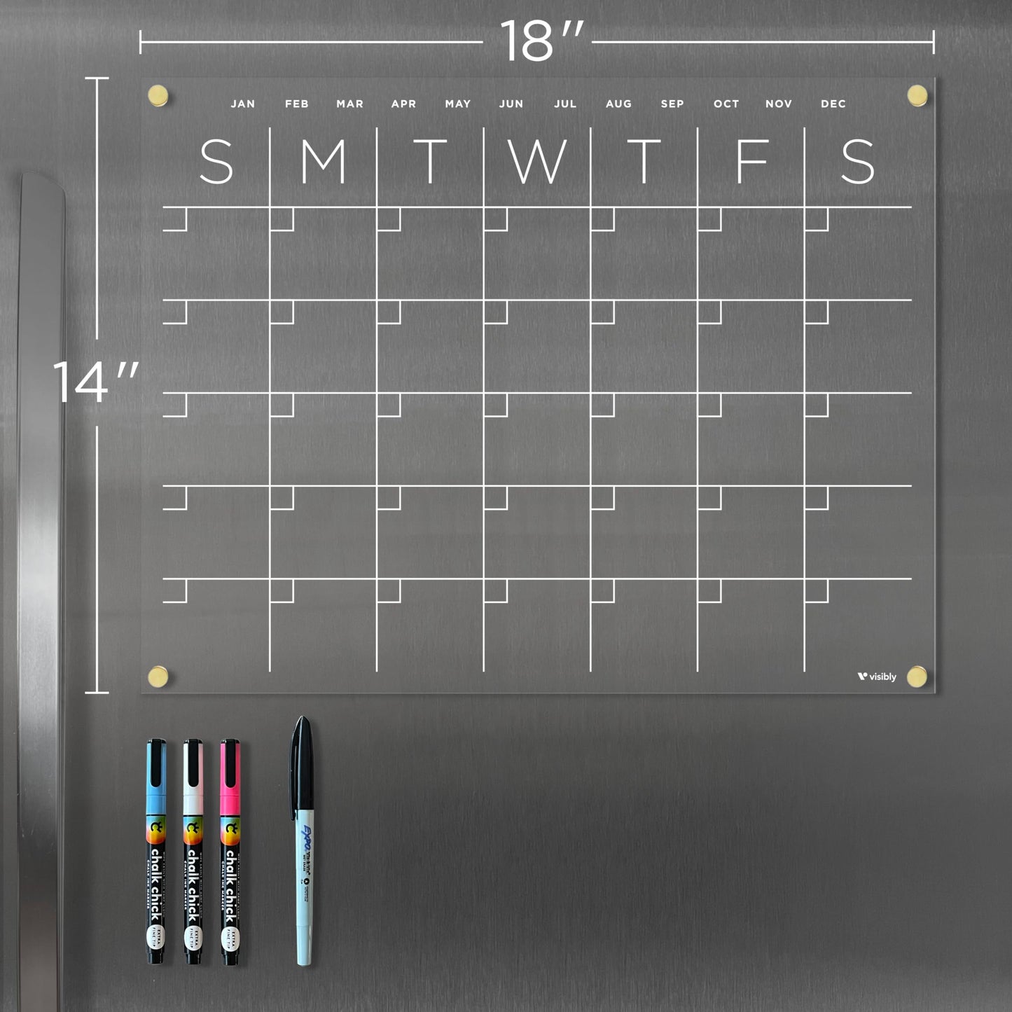 Magnetic Acrylic Calendar for Fridge, Includes 4 Magnetic Wet-Erase Markers for Refrigerator, 18" X 14”
