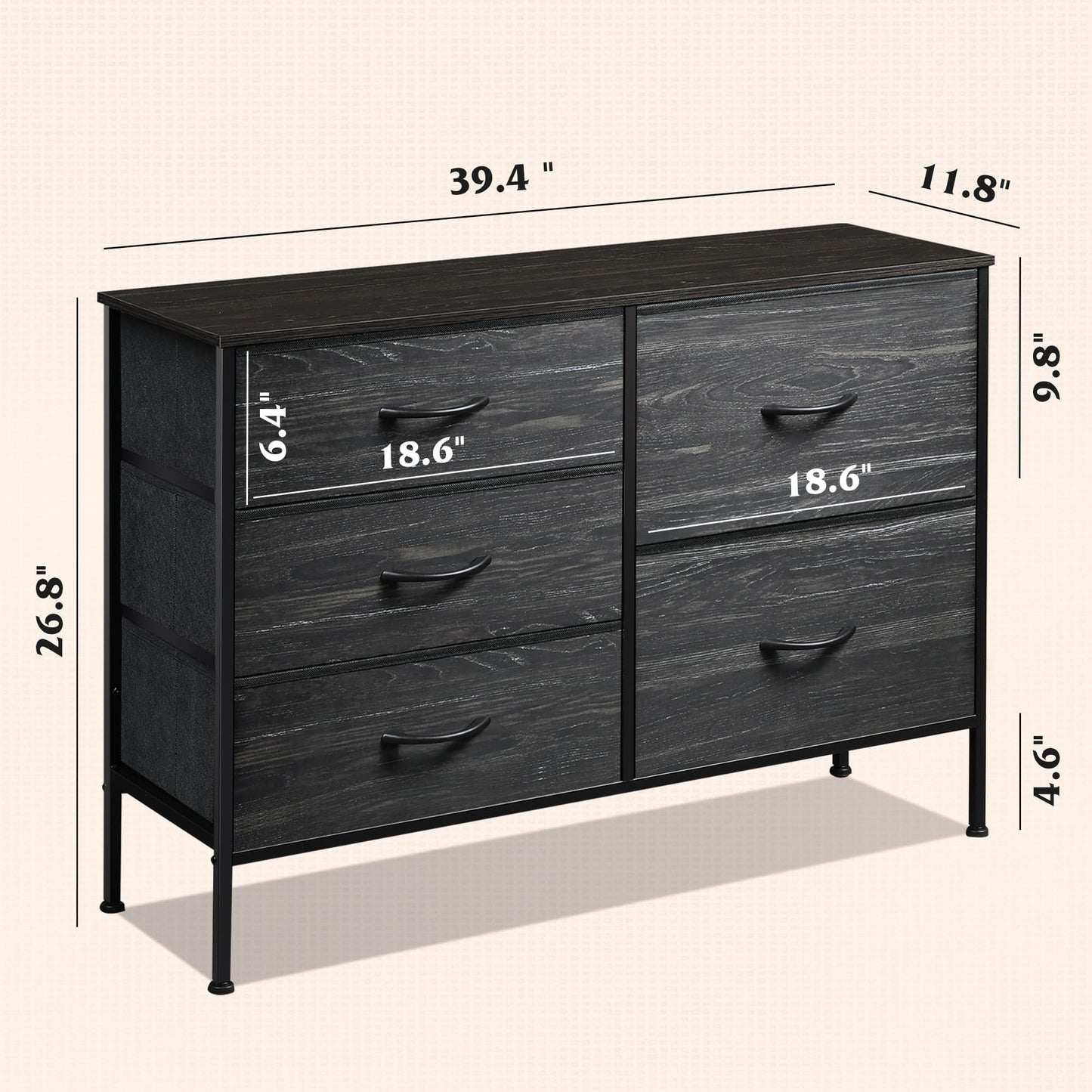 WLIVE Dresser for Bedroom with 5 Drawers, Wide Dressers with Drawer Organizers, Chest of Drawers, Fabric Dresser for Living Room, Closet, Hallway, Charcoal Black Wood Grain Print