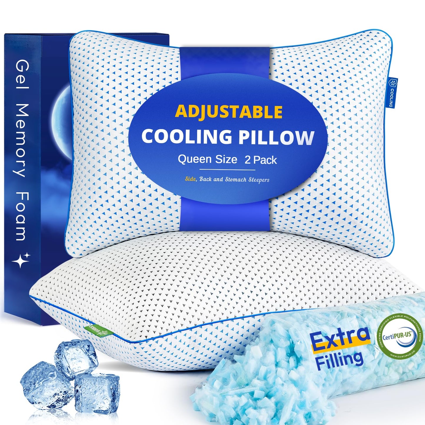 Cooling Gel Memory Foam Pillows Queen Size Set of 2 for Sleeping, Bamboo Rayon Adjustable Firm Shredded Foam Cool Bed Pillows 2 Pack for Side, Back, Stomach, Hot Sleepers Soft Yet Support, CertiPUR-US