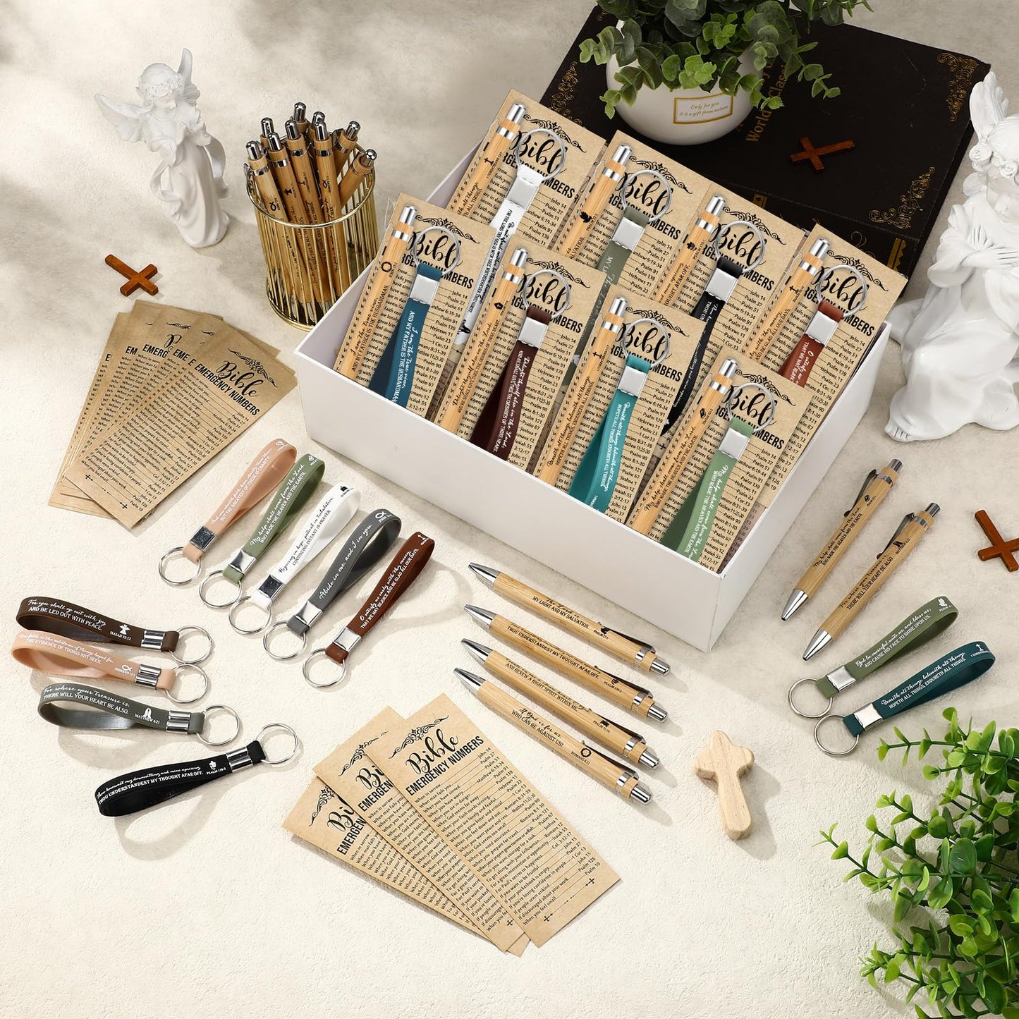 Feifeiya 100 Christian Gifts Bulk for Men Dad, Father's Day Bible Verse Bamboo Pens with Religious Silicone Keychains and Emergency Scripture Bookmarks, Church Bible Study Group Baptism Favors