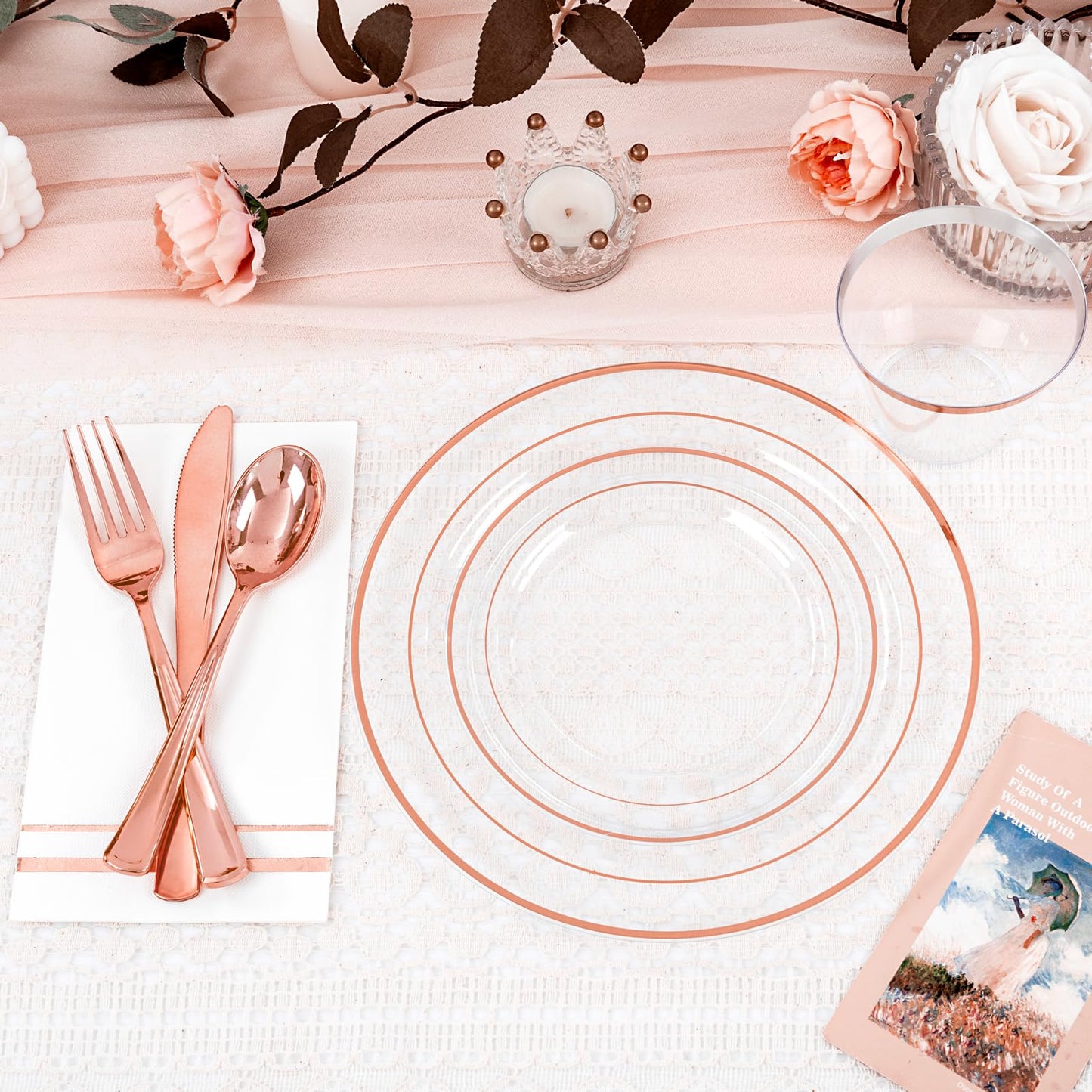 GATHER 350PCS Rose Gold Plastic Plates - Disposable Rose Gold Dinnerware Includes 100 Clear Rose Golds Rimmed Plastic Plates, 150 Silverware, 50 Napkins, 50 Cups for Party, Wedding