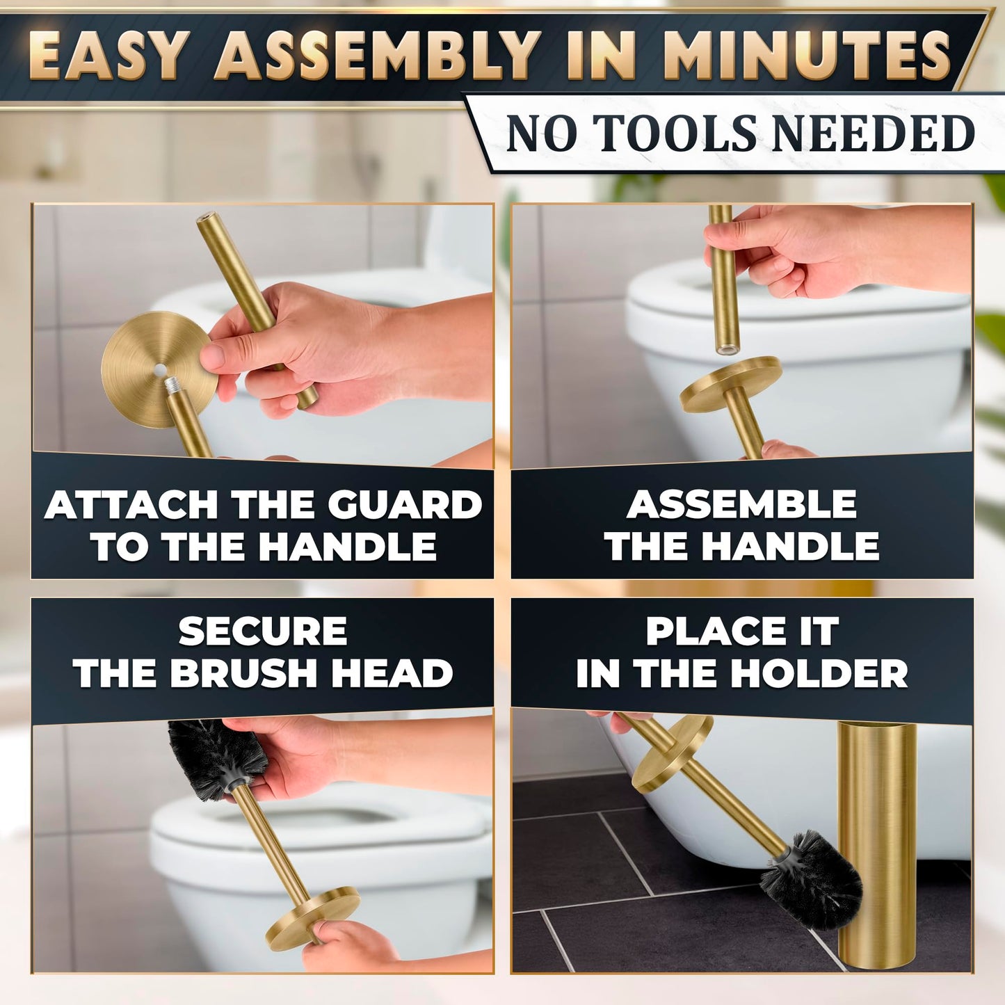 2 PCS Gold Toilet Brush and Holder Set - Brushed Stainless Steel Gold Toilet Bowl Brush and Holder with Replacable Head, Removable Inner Bowl, and Splash Protection - Dense Bristles for Cleaning