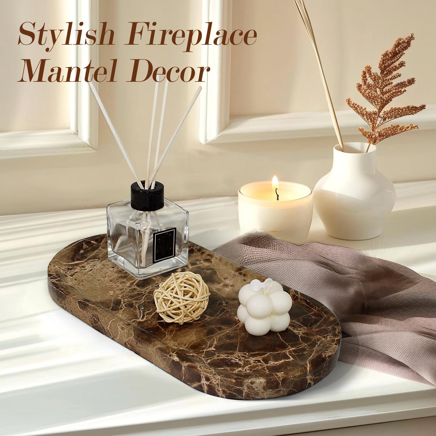 YMXYJM Genuine Real Natural Marble Tray for Bathroom, Luxury Dark Brown Stone Vanity Tray, Decorative Oval Trays for Countertop Storage, Vanity, Dresser, Kitchen, Home Decor, 11.8" x 6", Brown