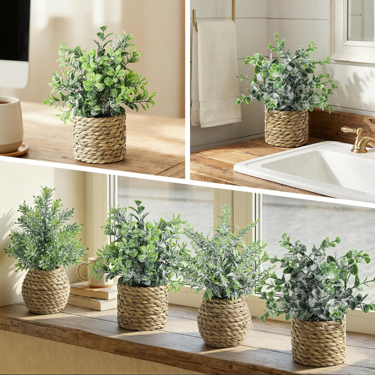 Treory Small Fake Potted Plants: 9 Inches Artificial Plants with Seagrass Handwoven Planters, Indoor Farmhouse Decorations, Eucalyptus Plant for Home Bathroom Office Shelf Tabletop Desk Room Decor