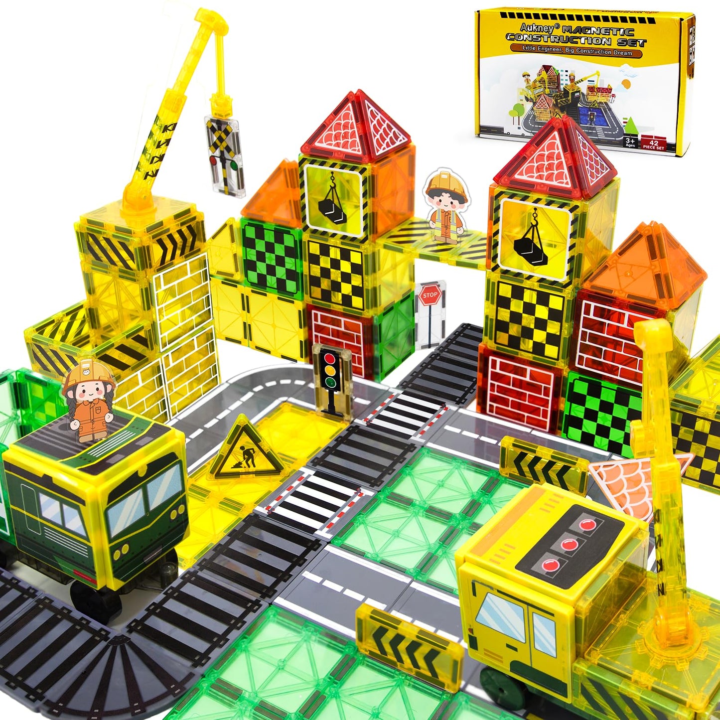 Magnetic Tiles Magnetic Construction Set with 2 Dolls, Cars, Train, Train Tracks, Building Sensory Toys for 3+ Year Old Boys & Girls Creative Kids Games Birthday Xmas Gifts