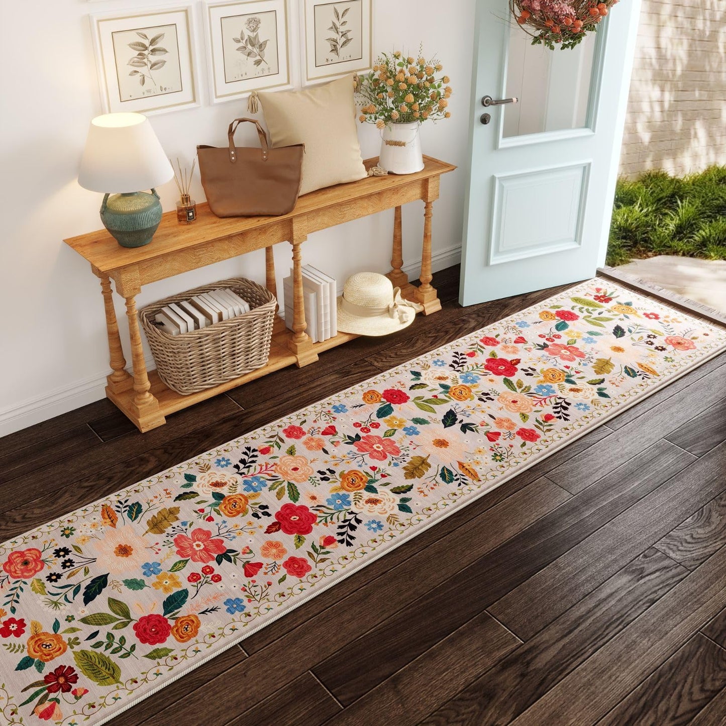 Rugcomf Long Hallway Runner Rug 2'7"x14' - Floral Washable Non Slip Boho Carpet for Kitchen, Entryway, Hall, Bathroom - Beige
