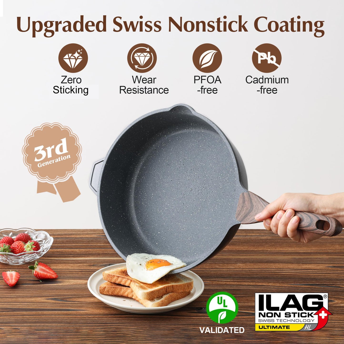 SENSARTE Nonstick Deep Frying Pan Skillet, 12-inch Saute Pan with Lid, Stay-cool Handle, Chef Pan Healthy Stone Cookware Cooking Pan, Induction Compatible, PFOA Free