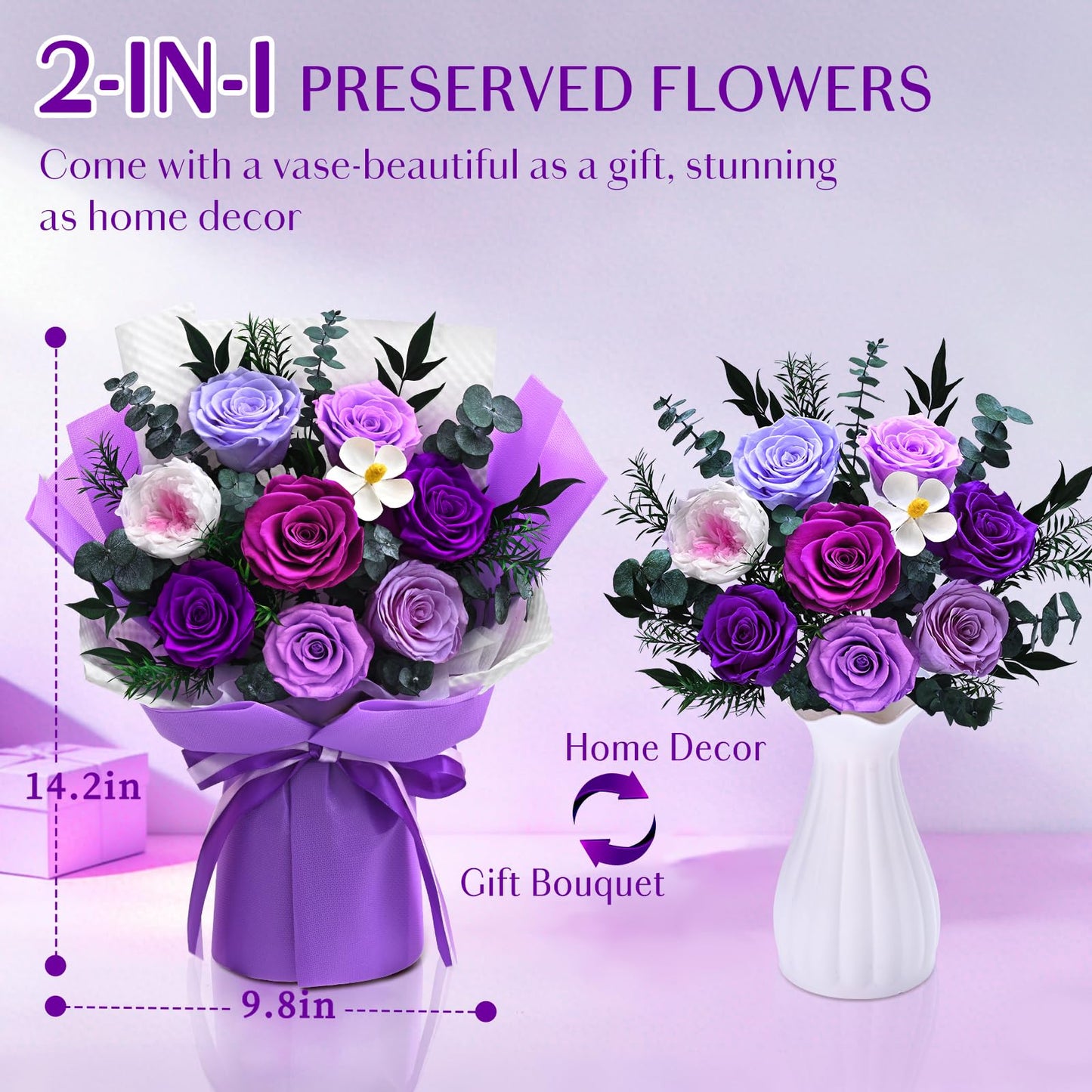 Forever Rose Flowers for Delivery, 8-Piece Preserved Roses Bouquet for Mothers Day Gifts, Long Lasting Purple Roses with Gift Box for Mom, Forever Flowers with Vase Birthday Gift for Her Wife