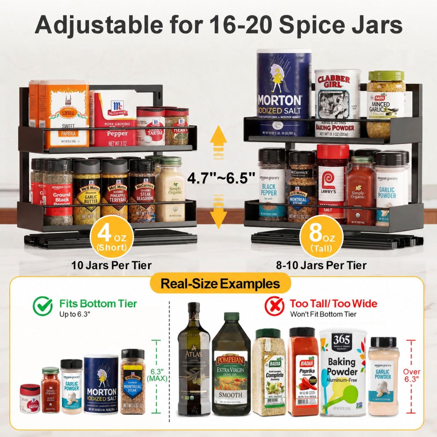iSPECLE Pull Out Spice Rack - 2 Pack Rotate Peel and Stick No-Drill Vertical Spice Rack Organizer for Cabinet Easy Access Spices, Adjust Height for 4oz to 8oz Spice Jars Inside Kitchen Pantry Cabinet