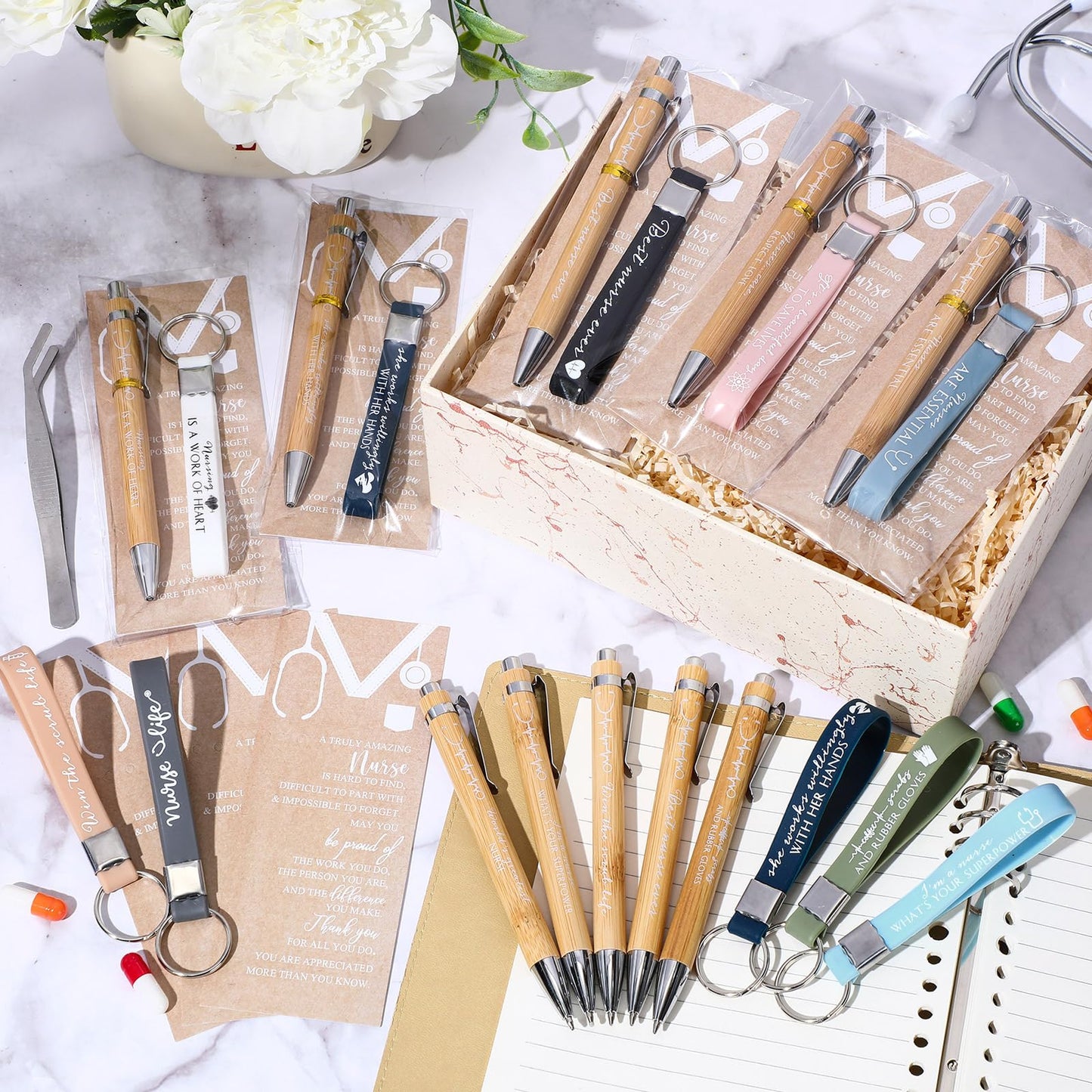 Jetec 60 Sets CNA Week Gifts Nurse Graduation Appreciation Gifts Bulk for Nursing Students Coworkers Employees Doctor Team Staff Office Include Bamboo Pen Card Keychain