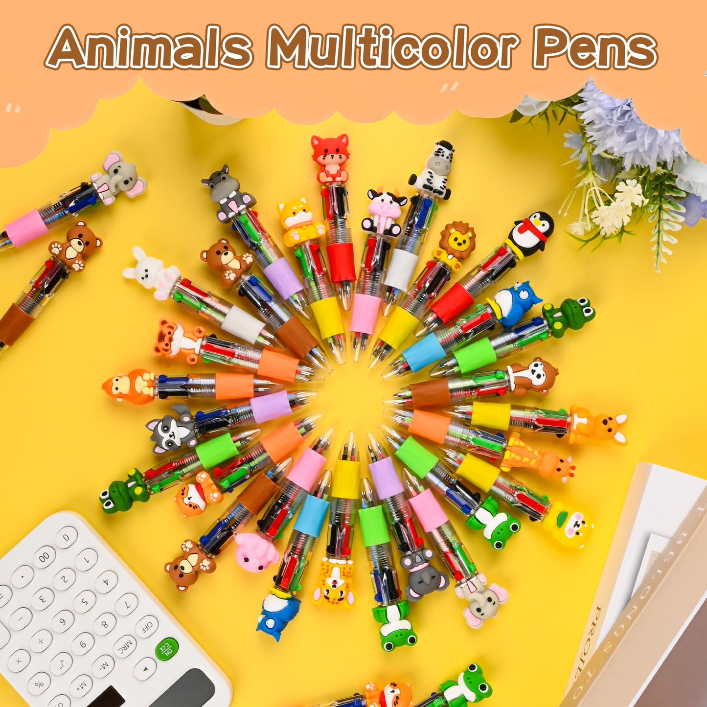 LiYiQ 100 Pcs Animals Multicolor Pen in One Cartoon Cute Fun 4-in-1 Cute Pens Bulk Kawaii Bear Cow Cat Elephant Tiger Lion Rabbit Monkey and Frog Shapes Cool Ballpoint Pens for Fun Gifts