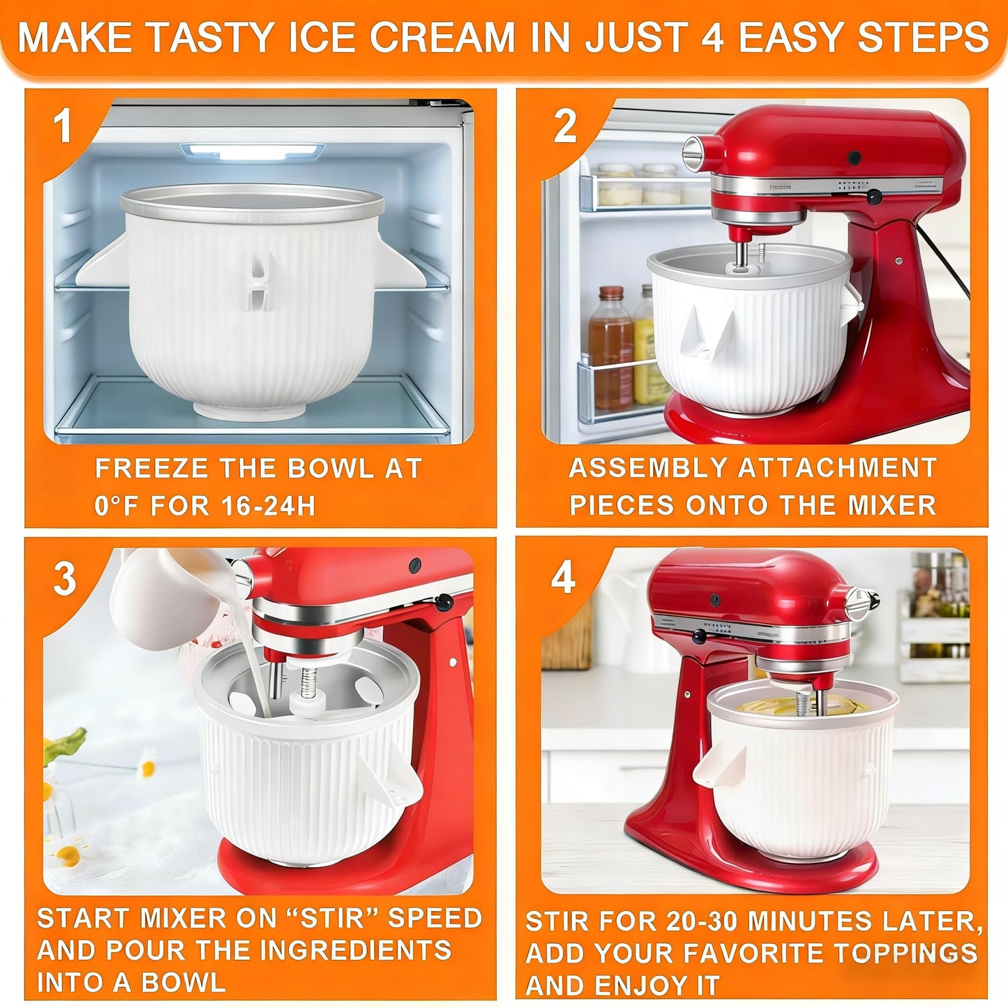 Ice Cream Maker Attachment for KitchenAid, Ice Cream Bowl Fits KitchenAid 4.5/5QT & 6QT Mixers, Frozen Ice Cream & Sorbet Gelato Maker, 2 Quart, White
