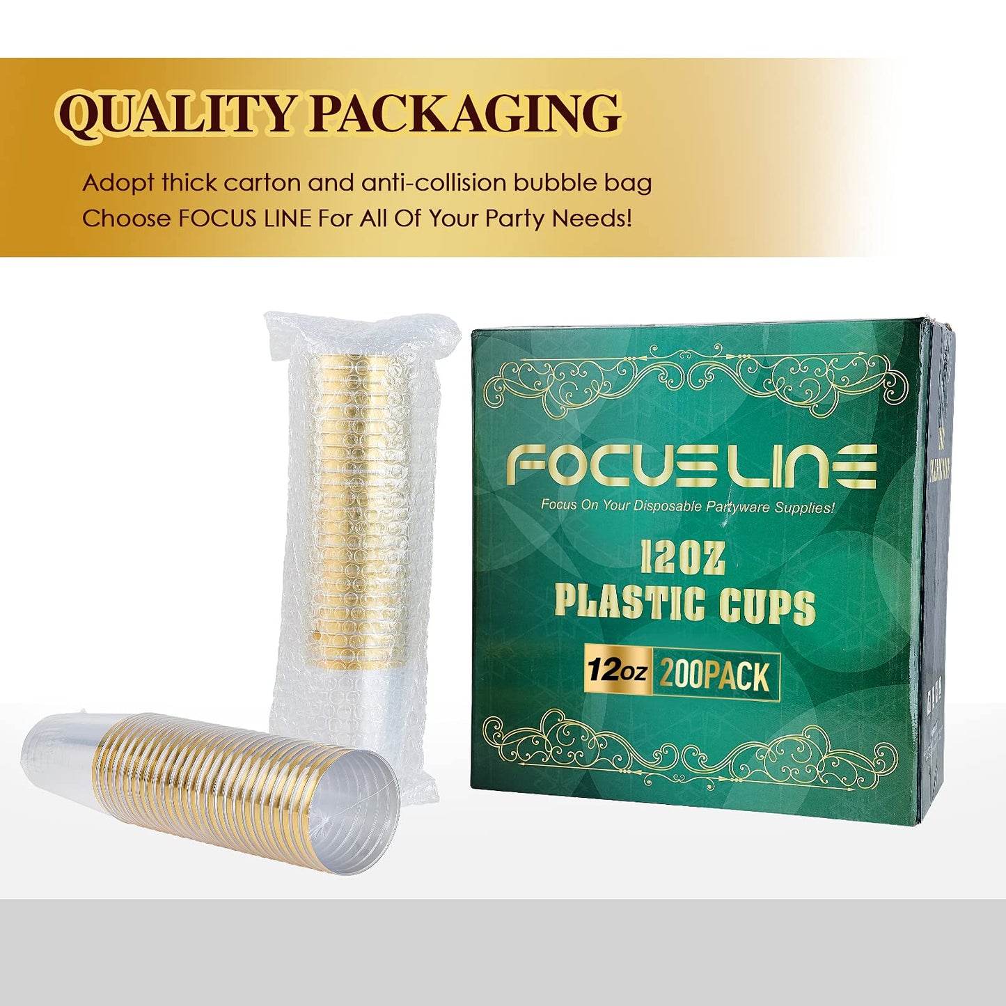 FOCUSLINE 200 Pack 12 oz Gold Rimmed Plastic Cups, Clear Plastic Cups Tumblers, Heavy-duty & Fancy Disposable Hard Cup 12 Ounce with Gold Rim for Wedding Cup Elegant Party Cups