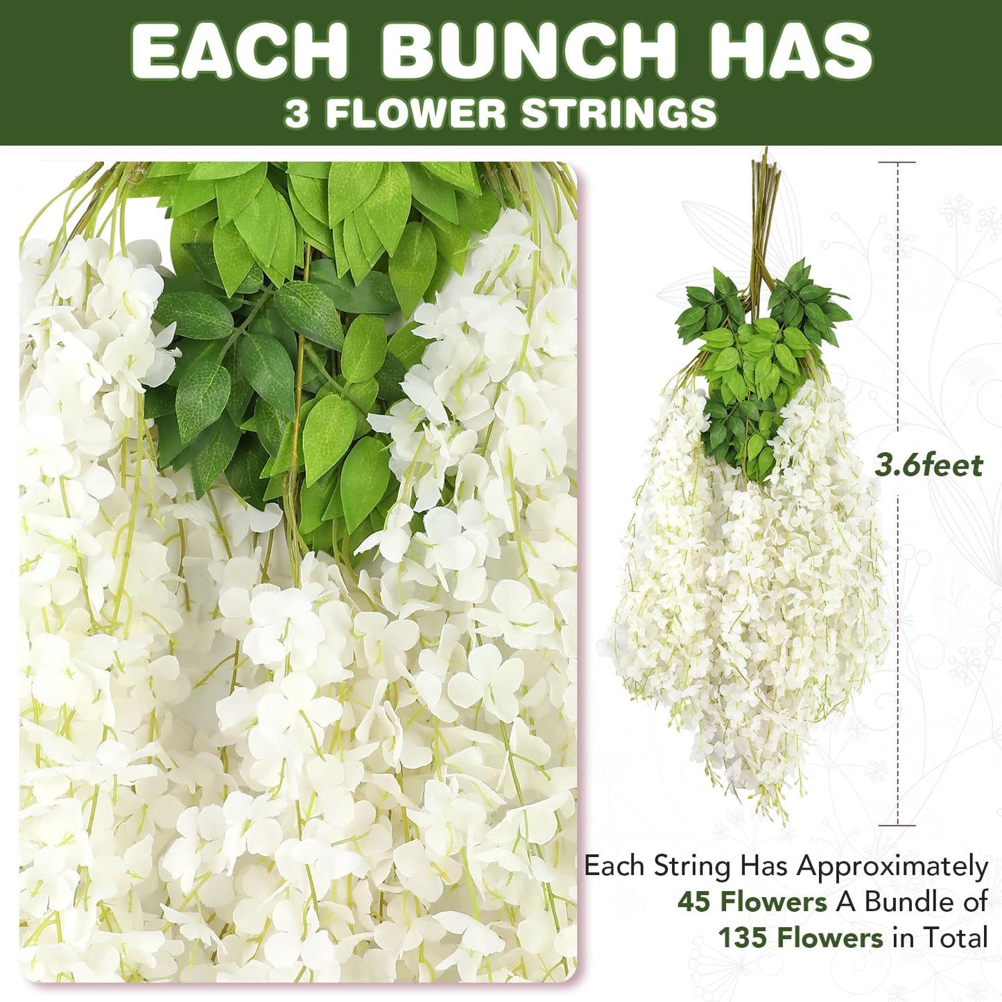 Alotiki Wisteria Hanging Flowers,48 Pack Fake Hanging Flowers,Wisteria Artificiales Garland for Home Wedding Arch Floral Party Garden Ceremony Outdoor Decor,3.6 Feet Long(48,White)