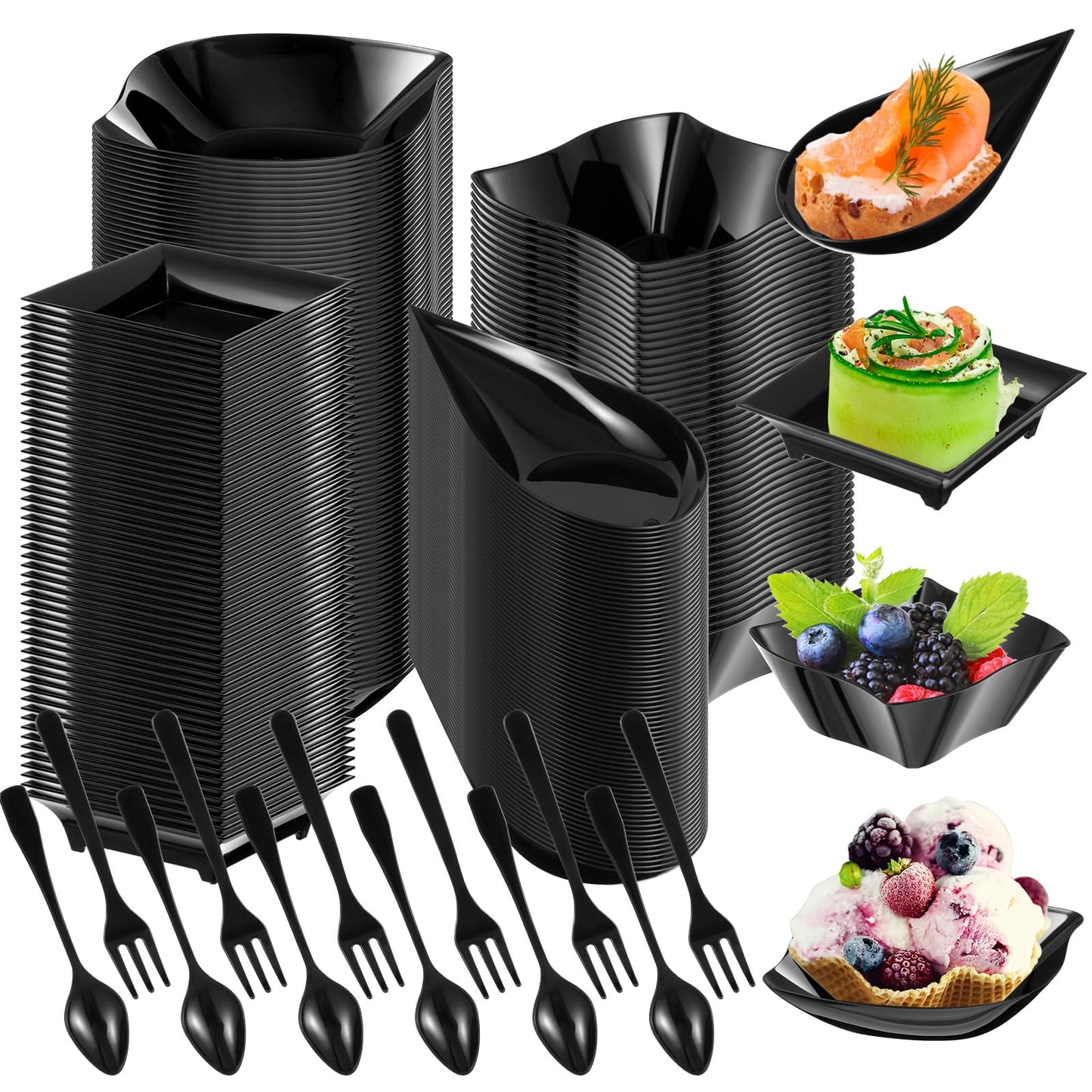 Tessco for you 800 Pcs Mini Appetizer Plates Set Including 400 Disposable Dessert Plates Assorted Shape 200 Mini Plastic Forks 200 Plastic Spoons for Party (Classic Style, Black)