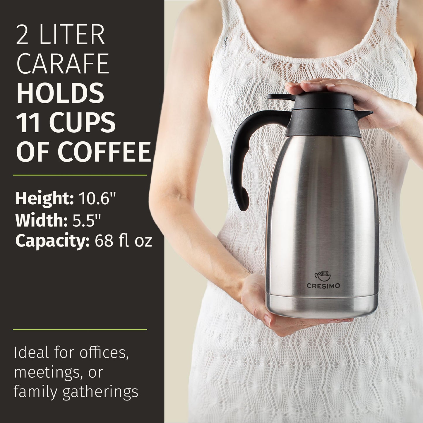 Cresimo Thermal Coffee Carafe 68oz / 2L - 12 Hours Hot Beverage Dispenser, Insulated Stainless Steel Carafe for Liquids, Coffee Carafes For Keeping Hot Water Dispenser for Parties - Large Tea Flask