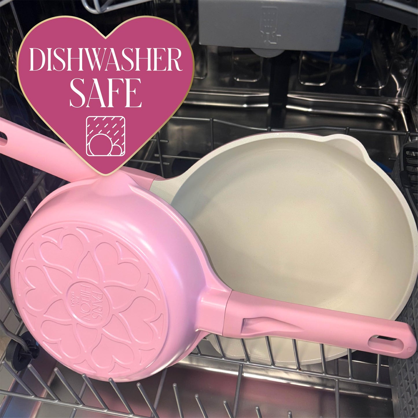 Paris Hilton Ceramic Cast Aluminum Nonstick Fry Pan, Fast & Even Heating with Easy Pour Spouts & Comfort-Grip Handle, 9.5-Inch, Pink