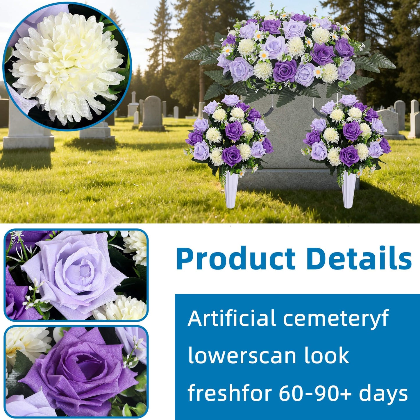 Lodou 3Pack Cemetery Decorations for Grave Large Headstone Flower Saddle Artificial Rose Bouquets with Vases for Outdoor Grave Headstone Decorations(Purple)