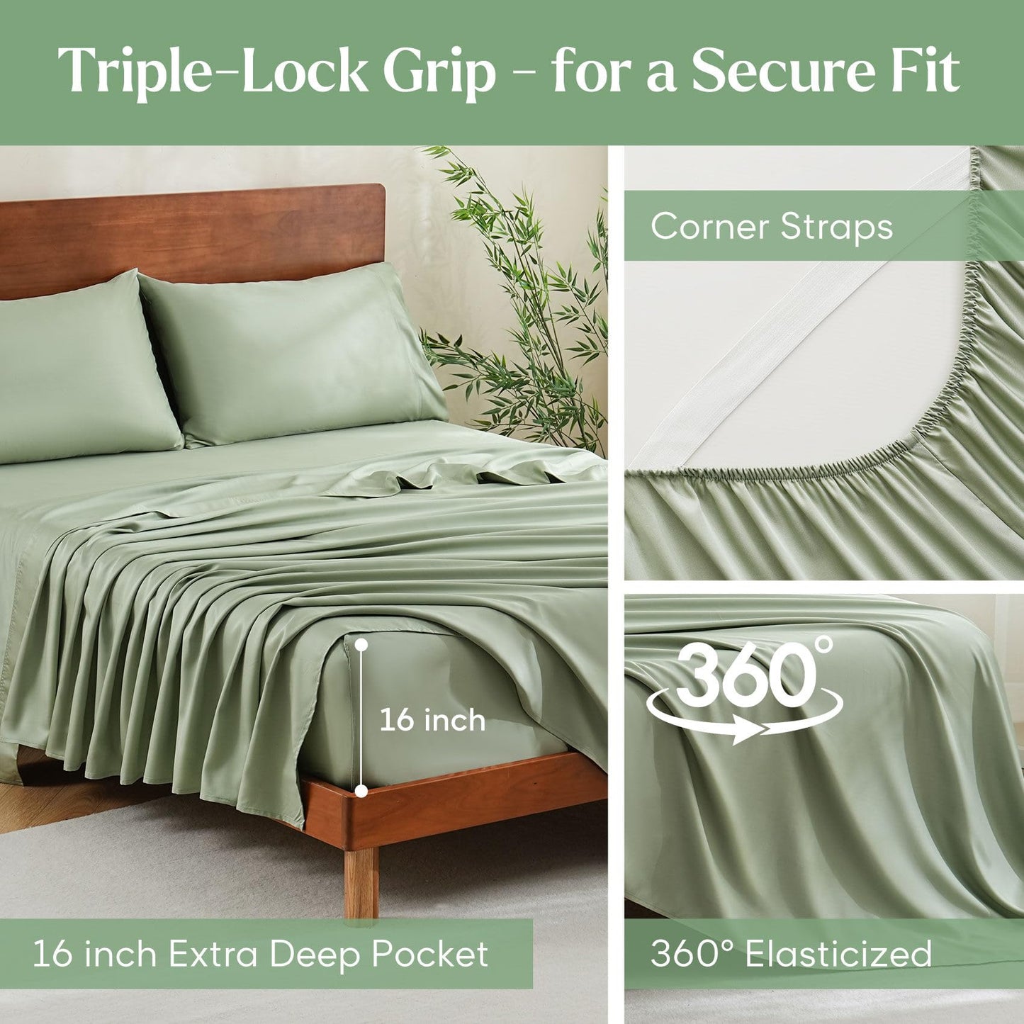 JSD Sage Green 100% Viscose Derived from Bamboo Sheet Set Queen, Cooling Sheets for Hot Sleepers, 300TC Sateen Weave, 16" Deep Pocket Corner Straps, Soft Silky Breathable Hotel Quality