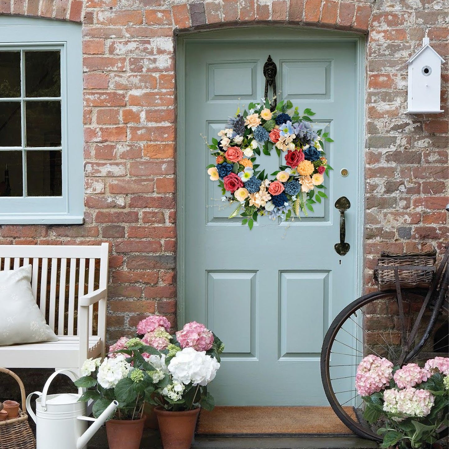 vivimemo 22 inch Spring Wreath Artificial Flower Wreaths Spring Summer Yellow Blue Rose Hydrangea Wreaths Front Door Hallway Window Decoration Wedding Birthday Decoration
