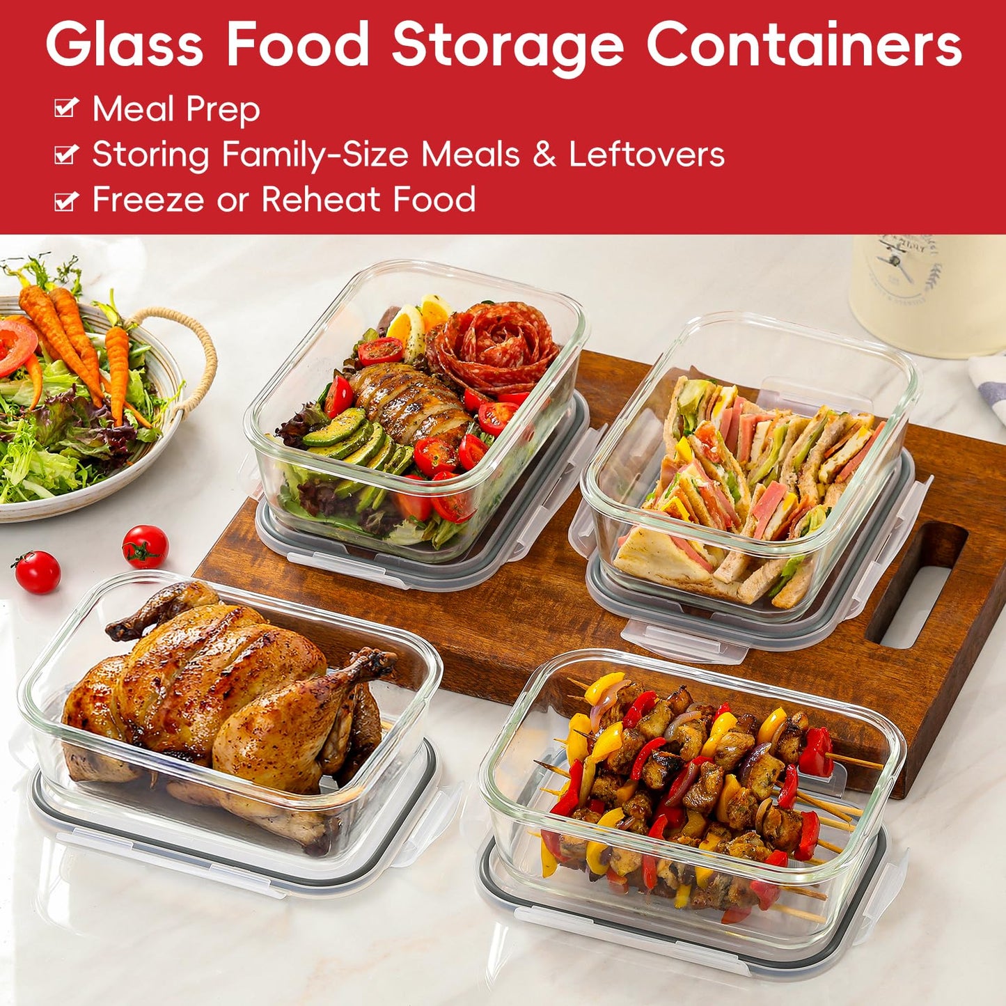 Snuvid 4 Pack 8 Cups/ 63oz Large Glass Storage Containers with Lids, Meal Prep Containers, Glass Food Storage with Airtight Lid for Baking, Leak Proof & Microwave, Oven Safe (4 Containers + 4 Lids)