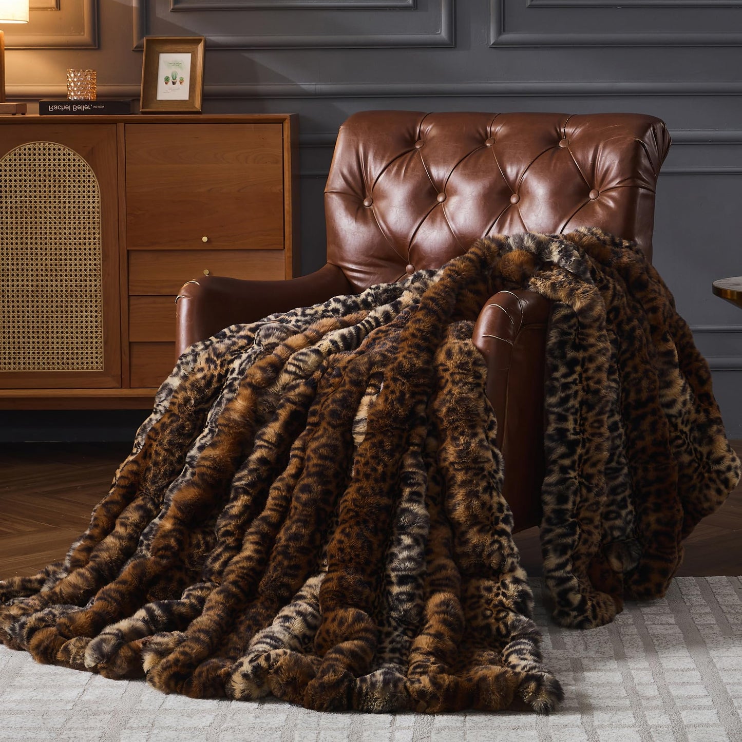 RYNGHIPY Faux Fur Blankets for Couch Bed Fluffy Warm Thick Throw Blanket for Bedroom Living Room Soft Cozy Plush Decorative Bubble Furry Blanket Cheetah Print Blanket (Leopard-Coffee, 51''x63'')