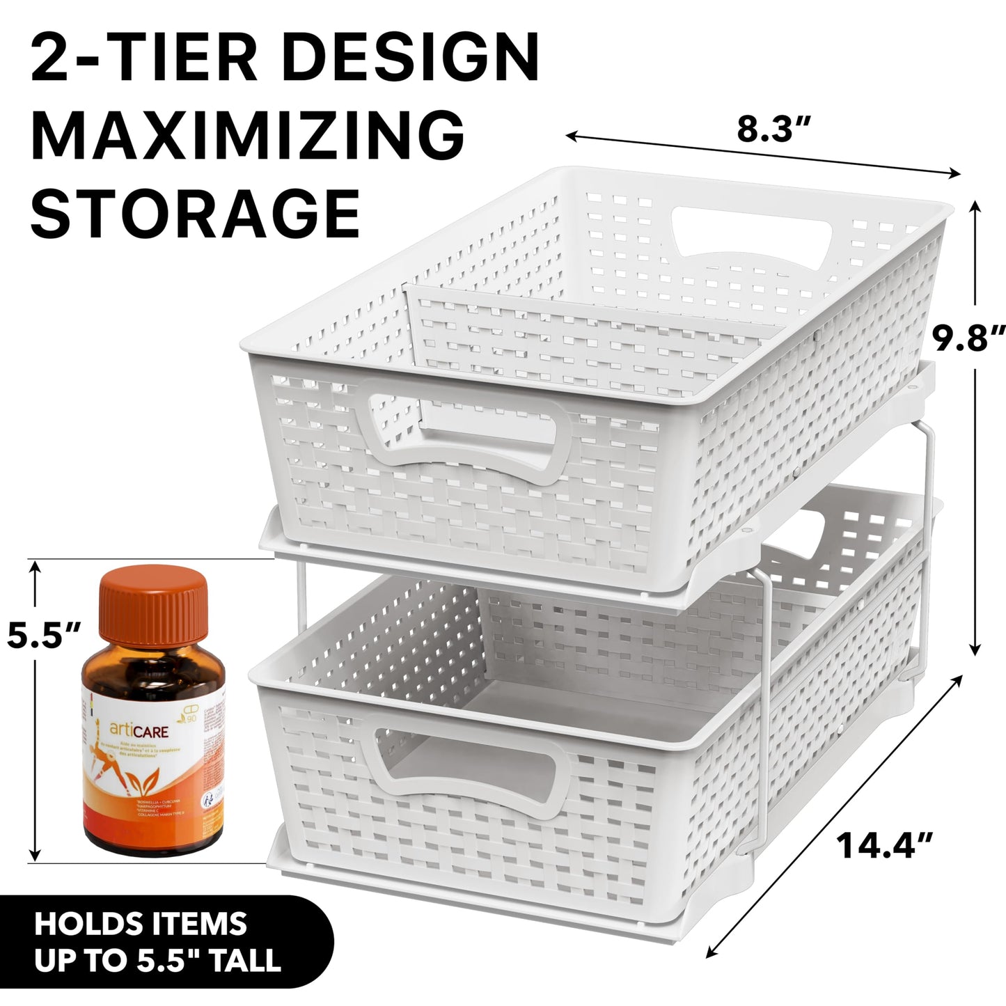 Simple Houseware 2 Tier Bathroom Organizer Tray Pull-Out Sliding Drawer, Under Sink Storage, White