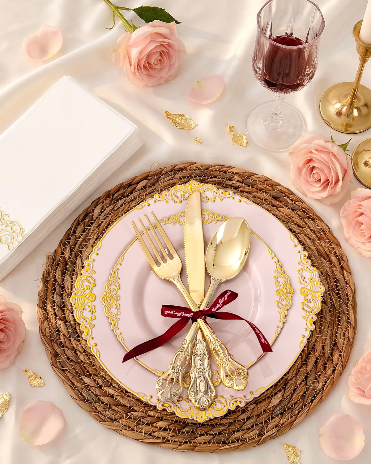Ciaell 300PCS Pink and Gold Plastic Plates - Pink Disposable Dinnerware Sets for 50 Guests - 100 Plates, 50 Knives, 50 Forks, 50 Spoons, and 50 Napkins for Wedding, Party
