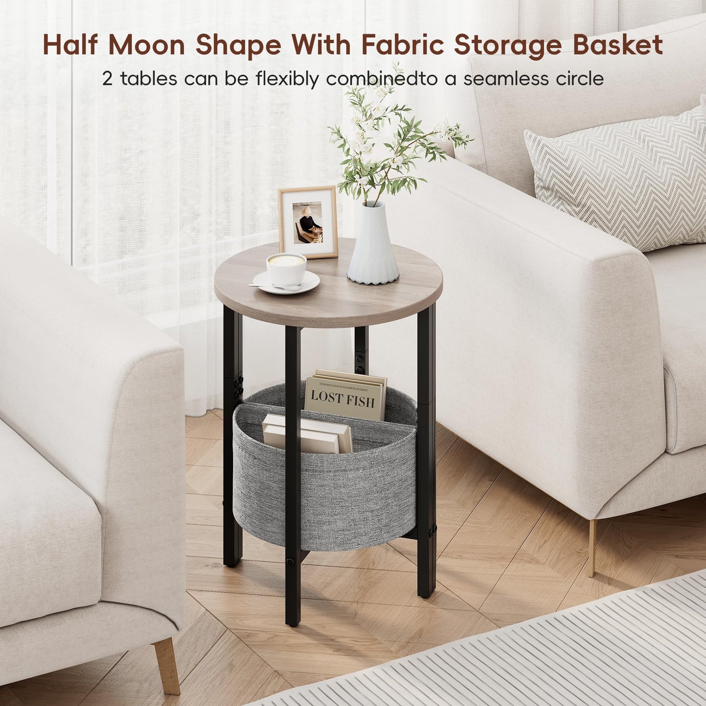 Vagusicc Small Round Side Table End Table, Tall Accent Table with Storage Basket, Set of 2 Half Round Tables Half Moon Tables, Coffee Bedside Tables, Modern Nightstand for Living Room Bedroom, Gray