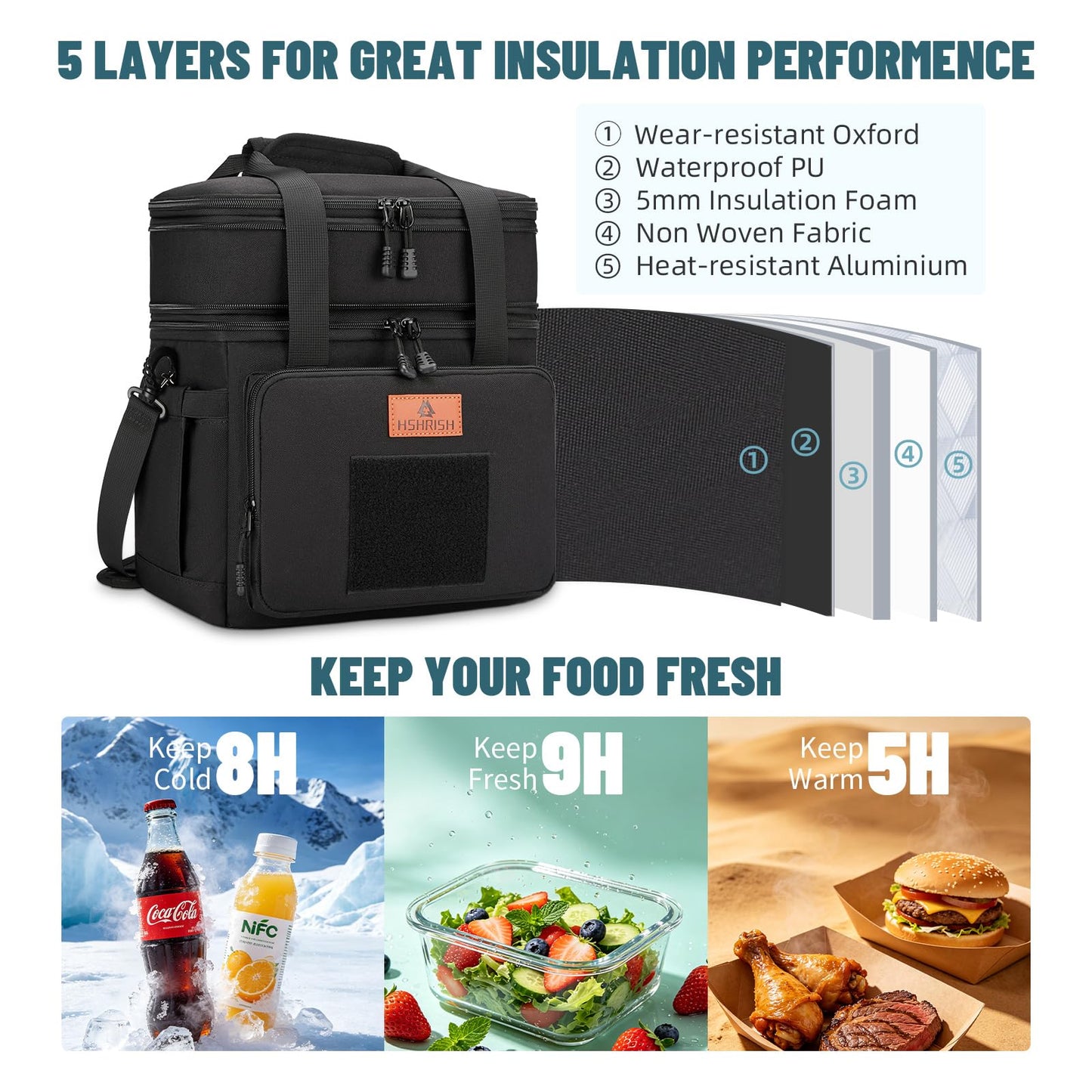 XLarge Expandable Tactical Lunch Box for Adults, Durable Leakproof Insulated Lunch Cooler Bag for Men Work Office Outdoor Picnic Trips Camping, 36 Cans/22 L, Black, HSHRISH